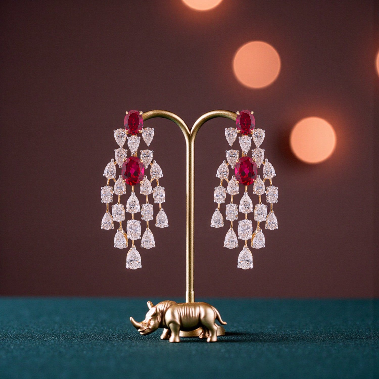 Lab Grown 14.270 Carat Diamond & 7.940 Carat Ruby Chandelier Earrings in 18 Karat Gold | SKU : 0005021710