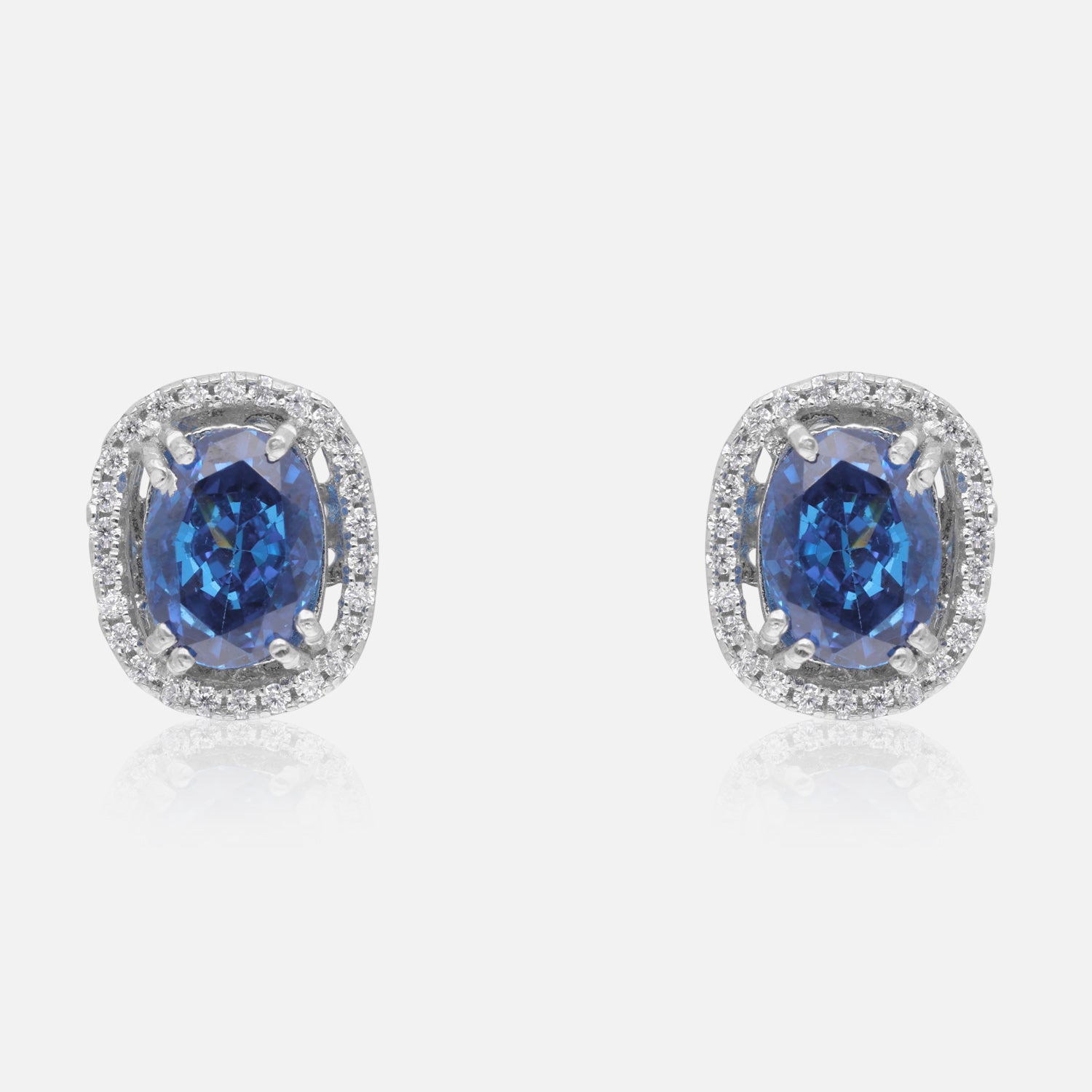 Sterling Silver Royal Blue Oval Halo Stud Earrings | SKU : 0005479511