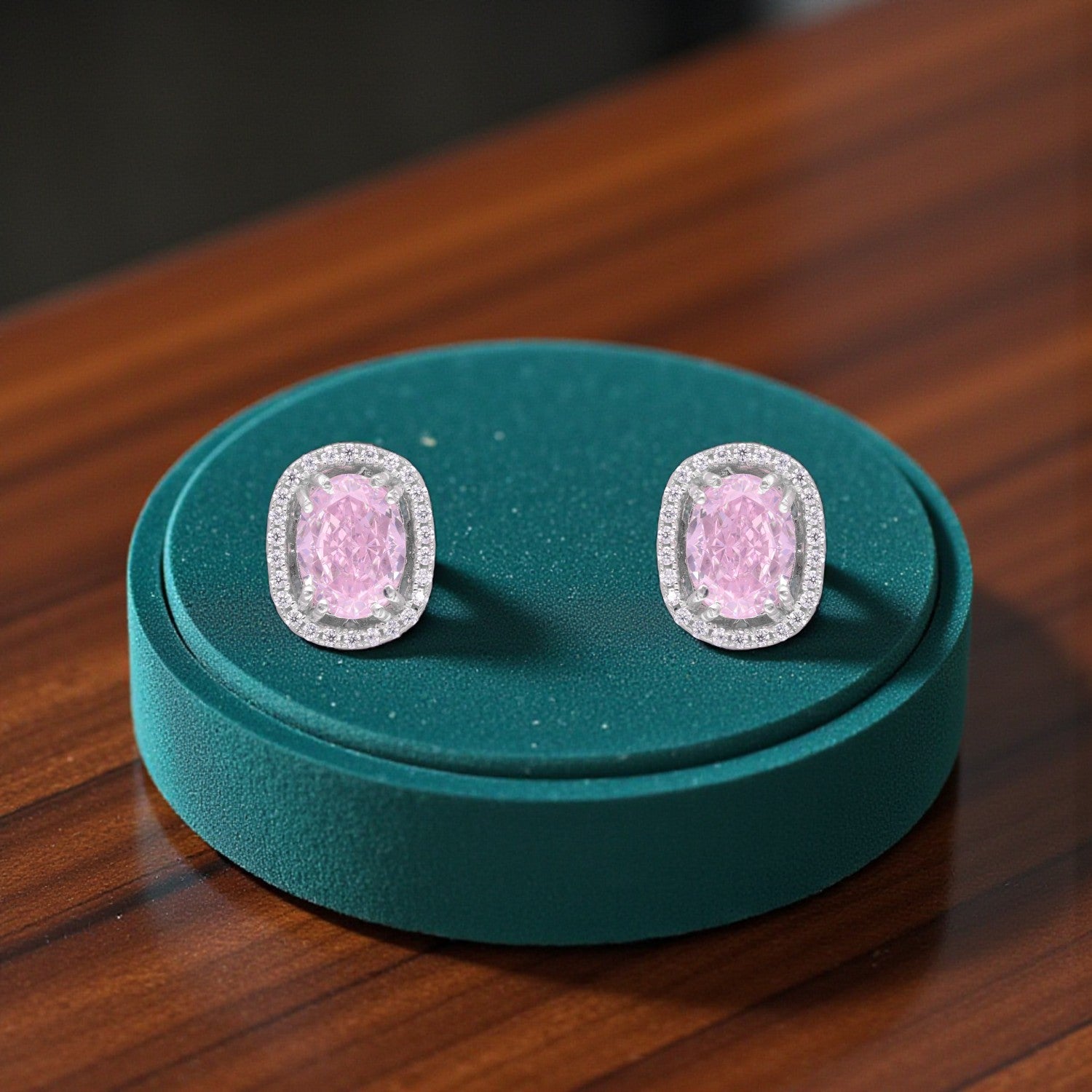 Sterling Silver Pink Oval Halo Stud Earrings | SKU : 0005485970