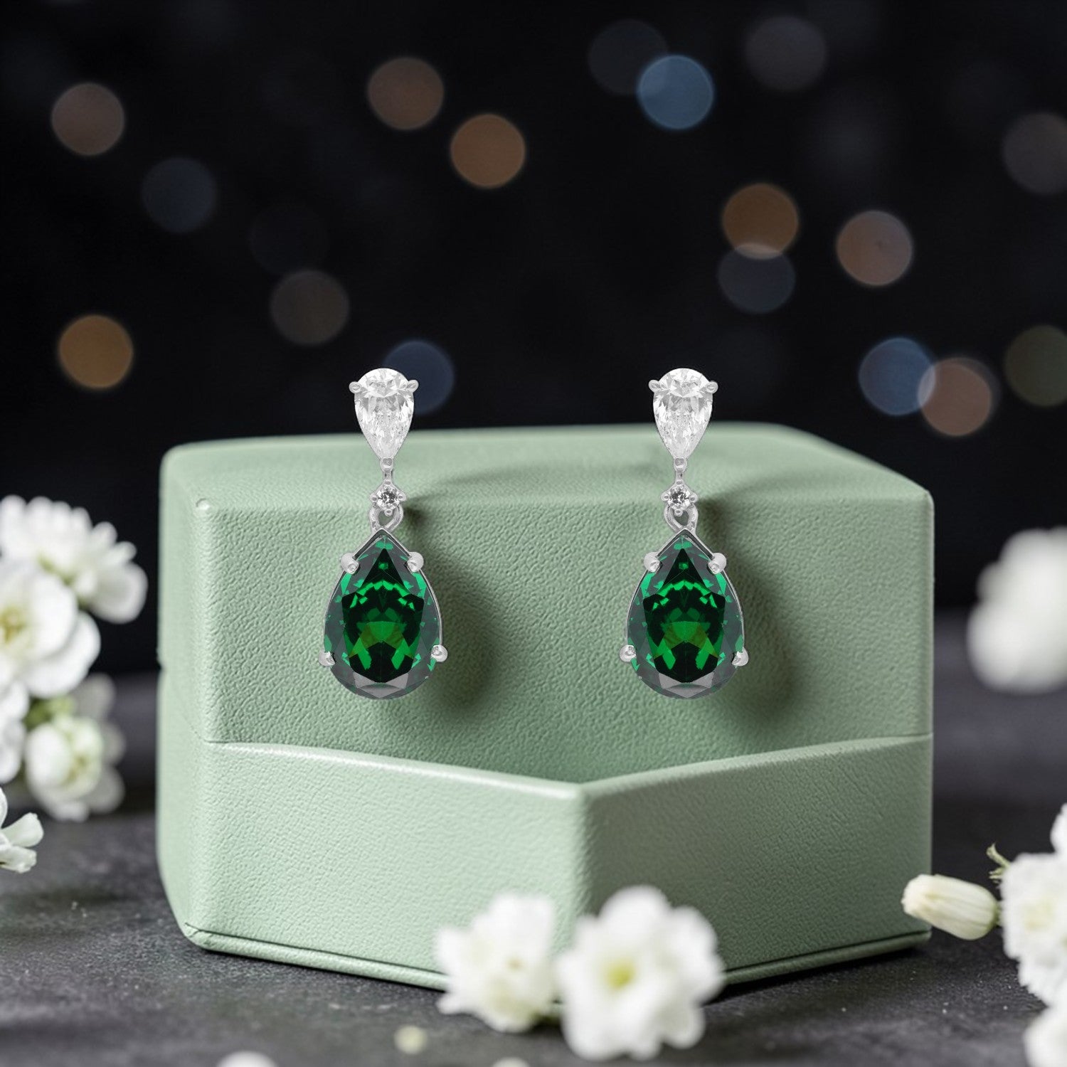 Sterling Silver Green Teardrop Cubic Zirconia Drop Earrings | SKU: 0005747979