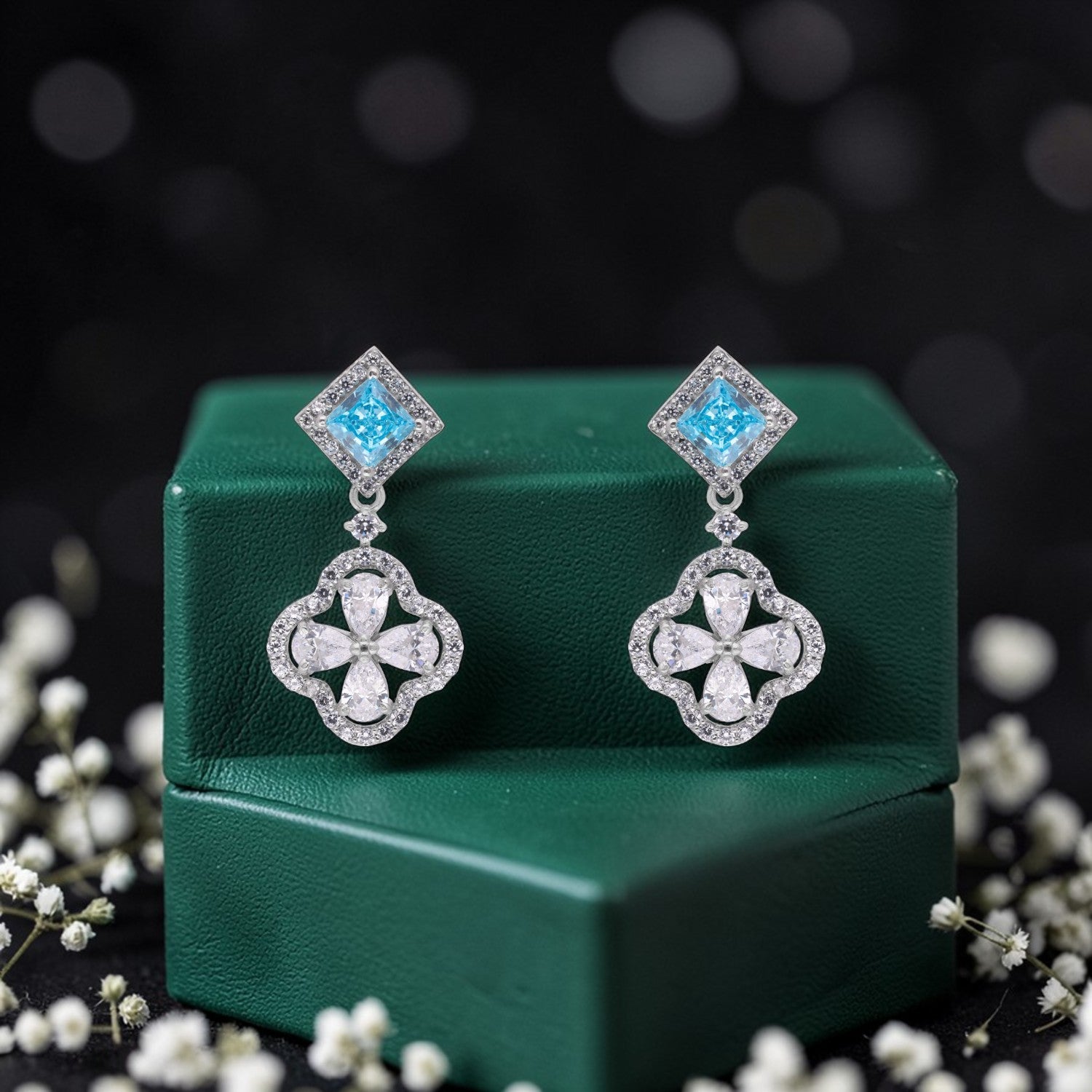 Sterling Silver Blue Square Halo Floral Drop Earrings | SKU: 0005747993