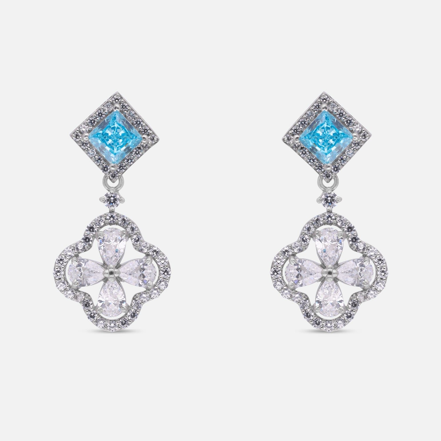 Sterling Silver Blue Square Halo Floral Drop Earrings | SKU: 0005747993