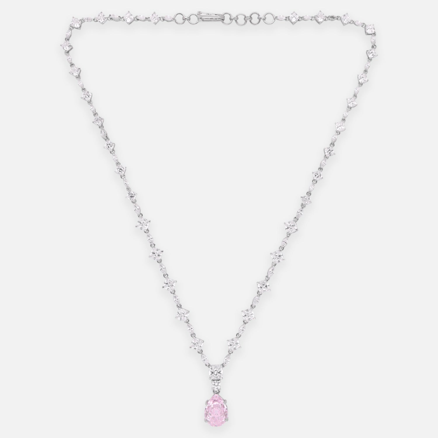 Sterling Silver Pink CZ Drop Tennis Necklace | SKU: 0005748020