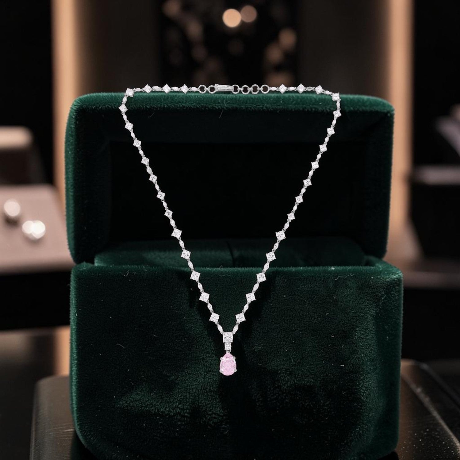 Sterling Silver Pink CZ Drop Tennis Necklace | SKU: 0005748020