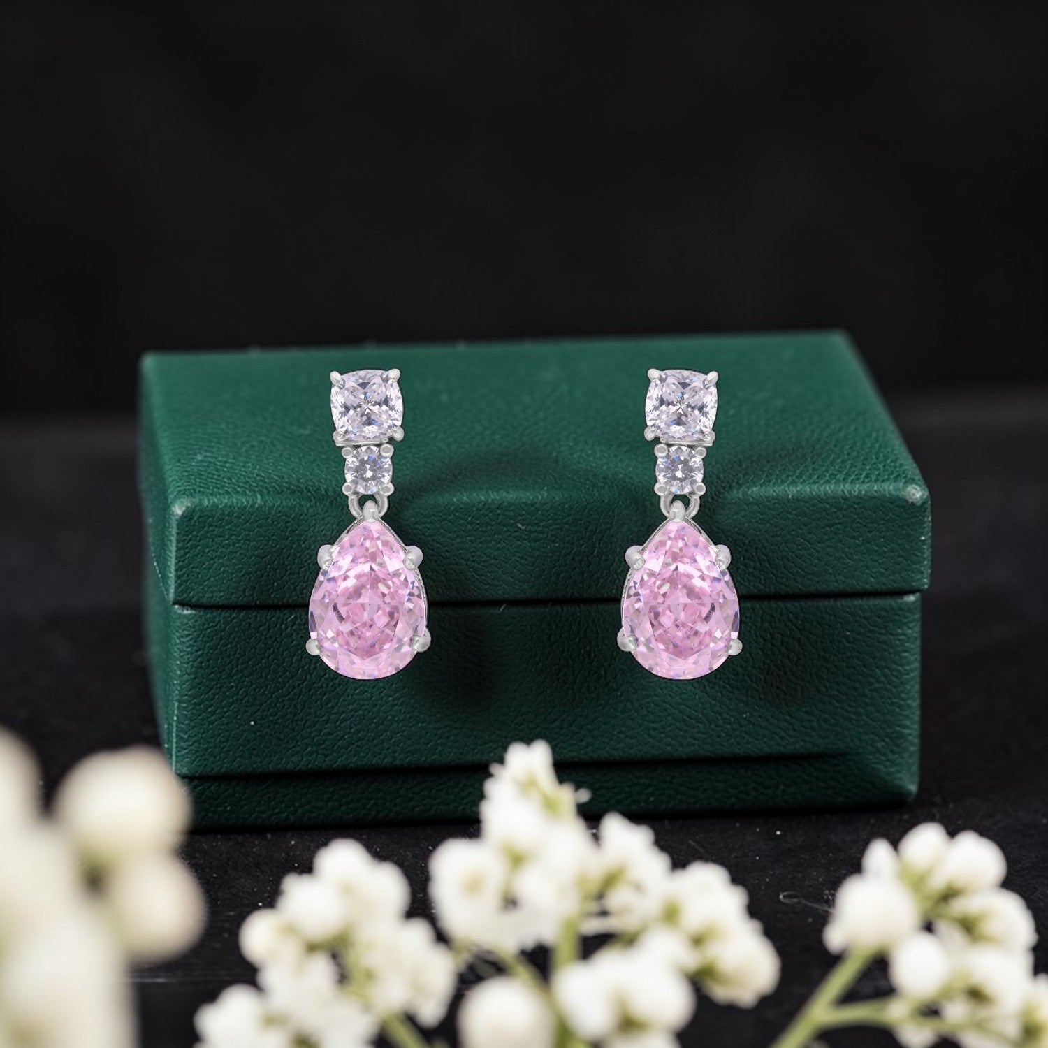 Sterling Silver Pink Teardrop Cubic Zirconia Drop Earrings | SKU: 0005748037