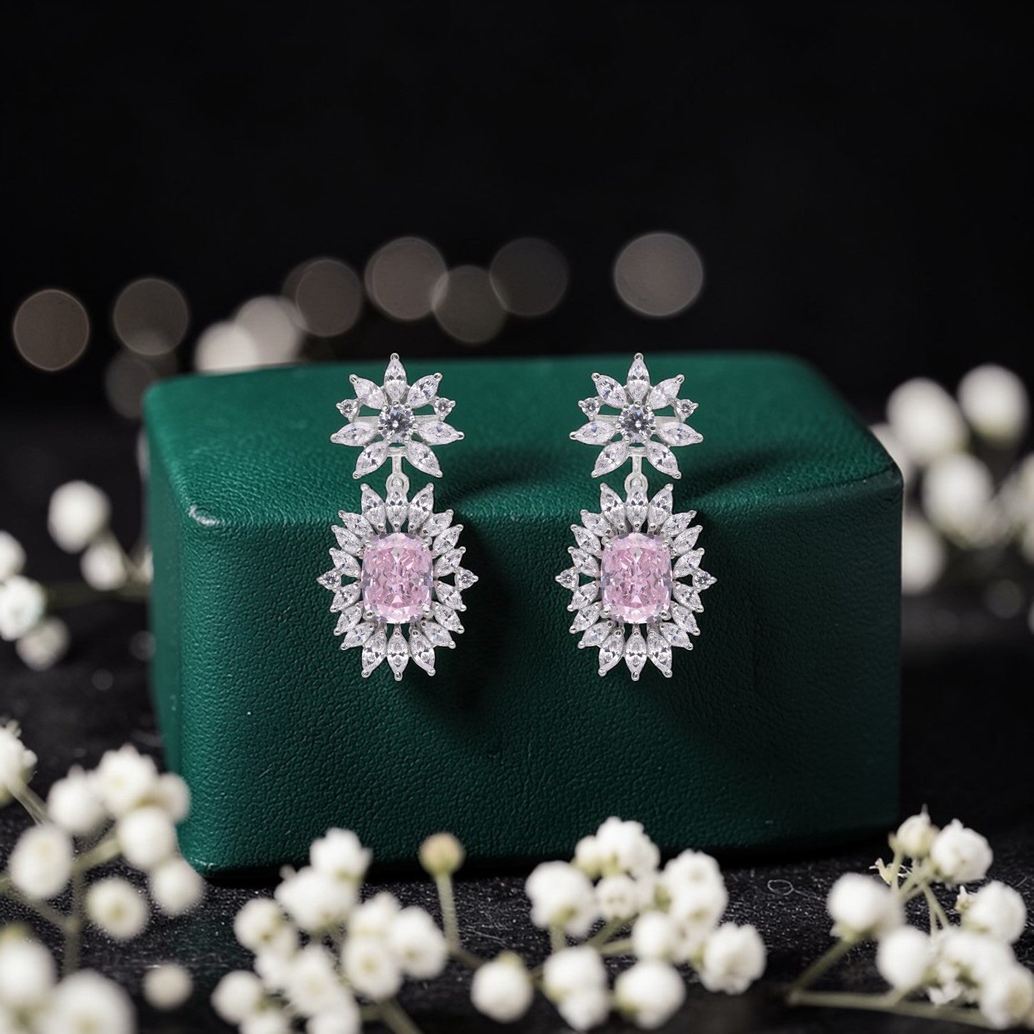 Sterling Silver Pink Cushion Cut Floral Halo Drop Earrings | SKU: 0005748051