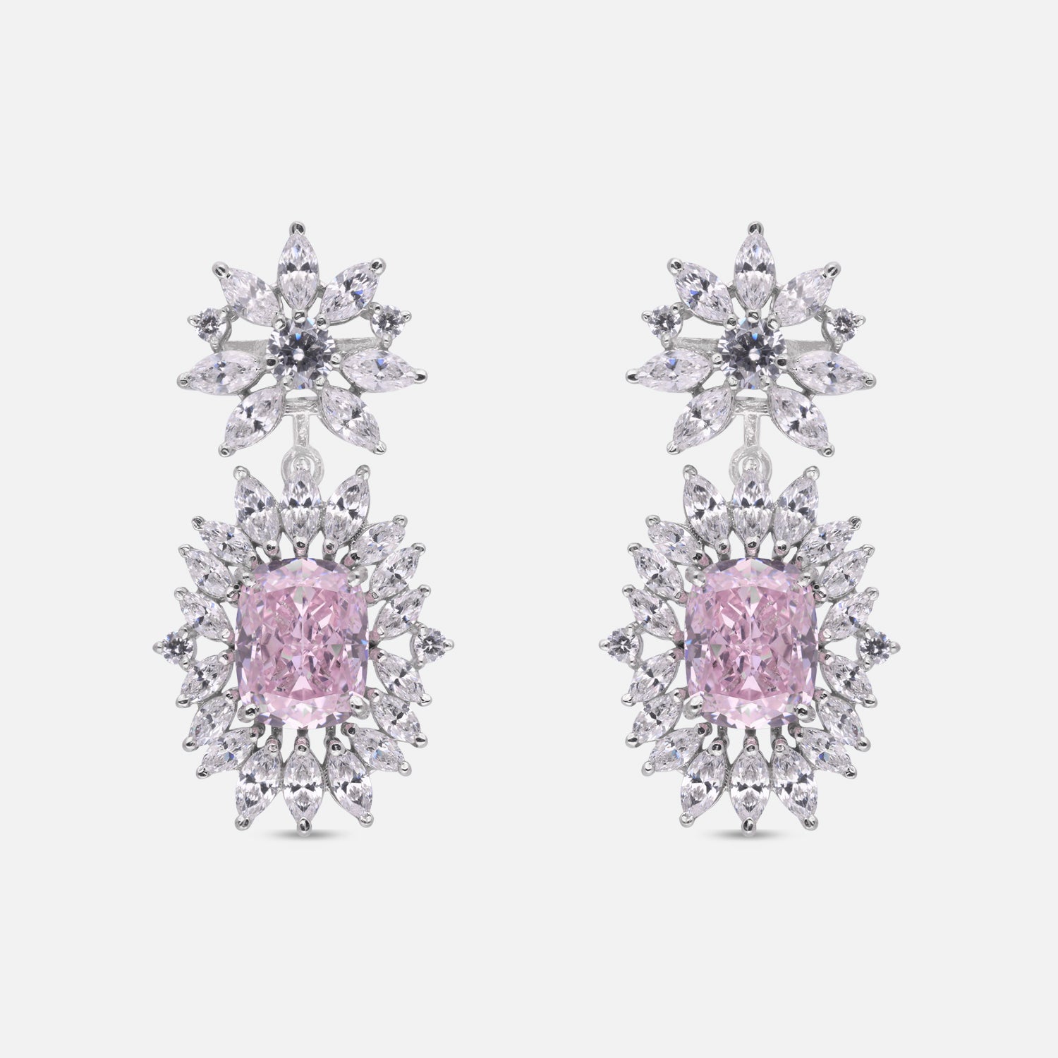 Sterling Silver Pink Cushion Cut Floral Halo Drop Earrings | SKU: 0005748051