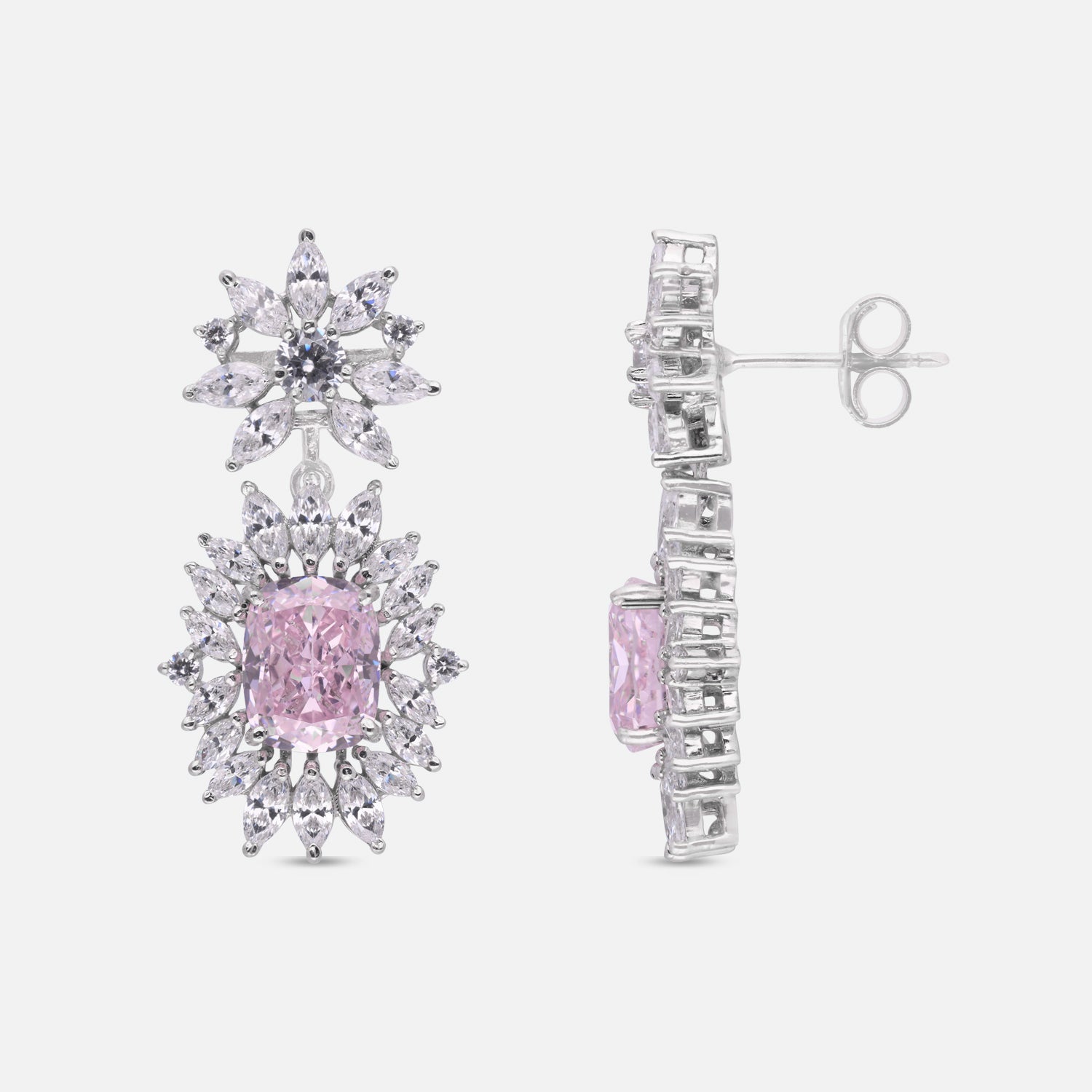 Sterling Silver Pink Cushion Cut Floral Halo Drop Earrings | SKU: 0005748051