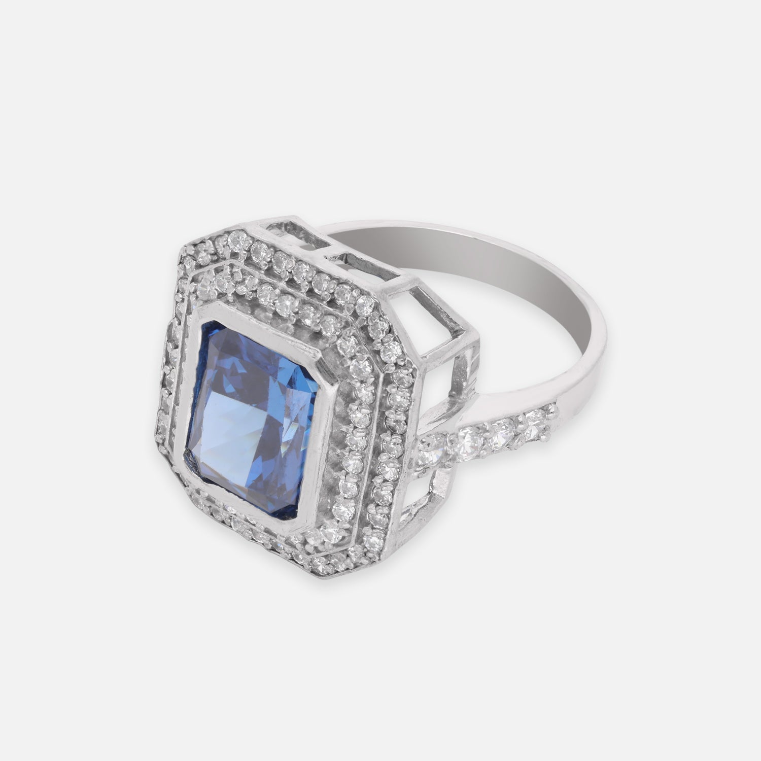 Sterling Silver Deep Blue CZ Octagon Halo Statement Ring | SKU: 0005748105, 0022629074, 0005750696