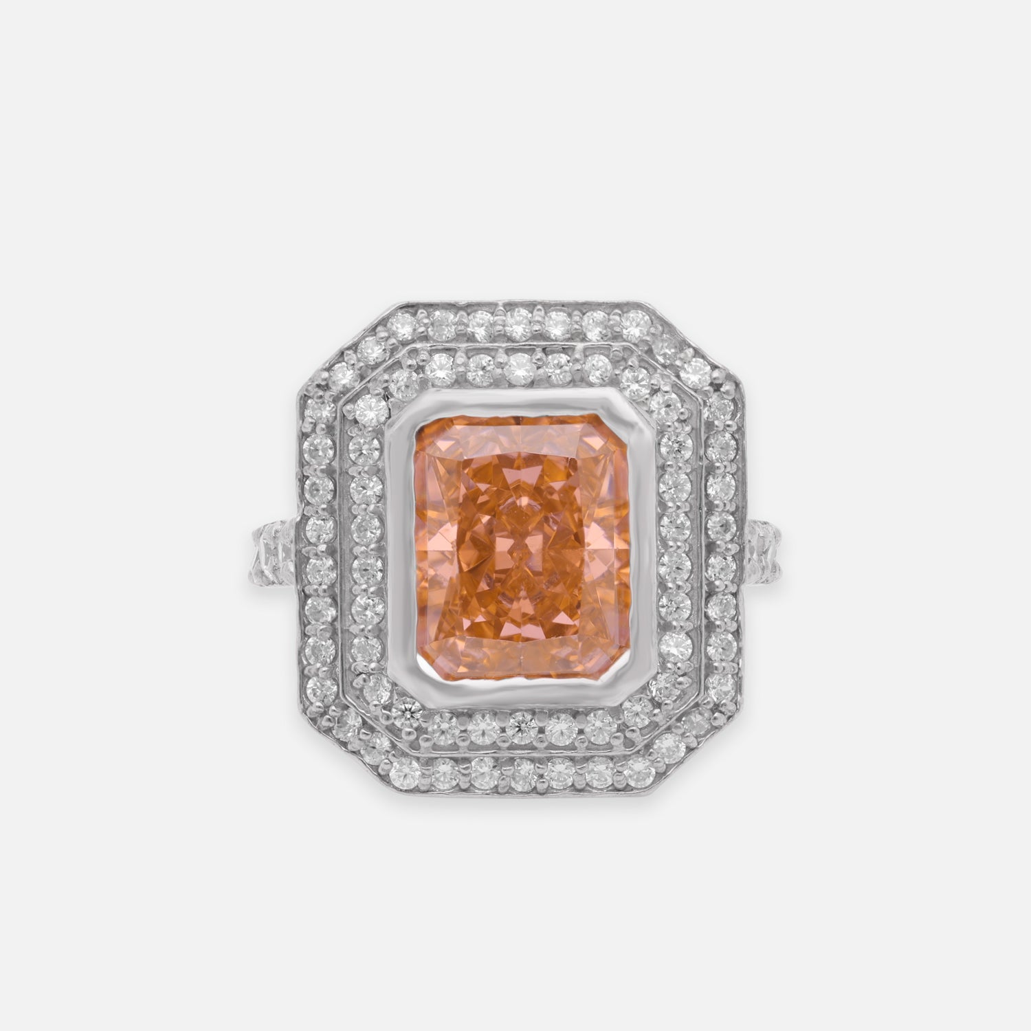 Elegant Sterling Silver Octagonal Halo Ring with Peach Cubic Zirconia | SKU: 0005748112, 0005758081, 0022629067