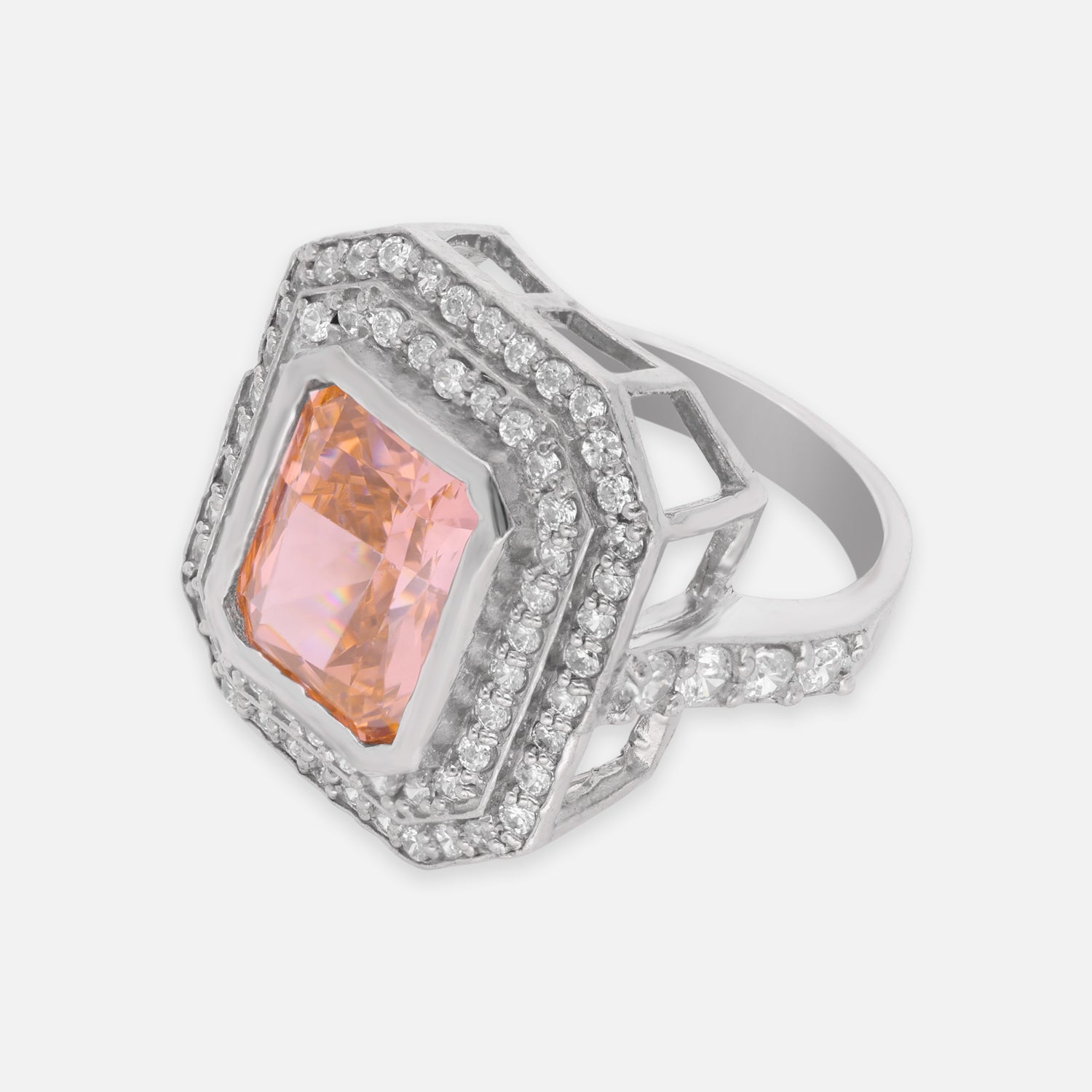 Elegant Sterling Silver Octagonal Halo Ring with Peach Cubic Zirconia | SKU: 0005748112, 0005758081, 0022629067