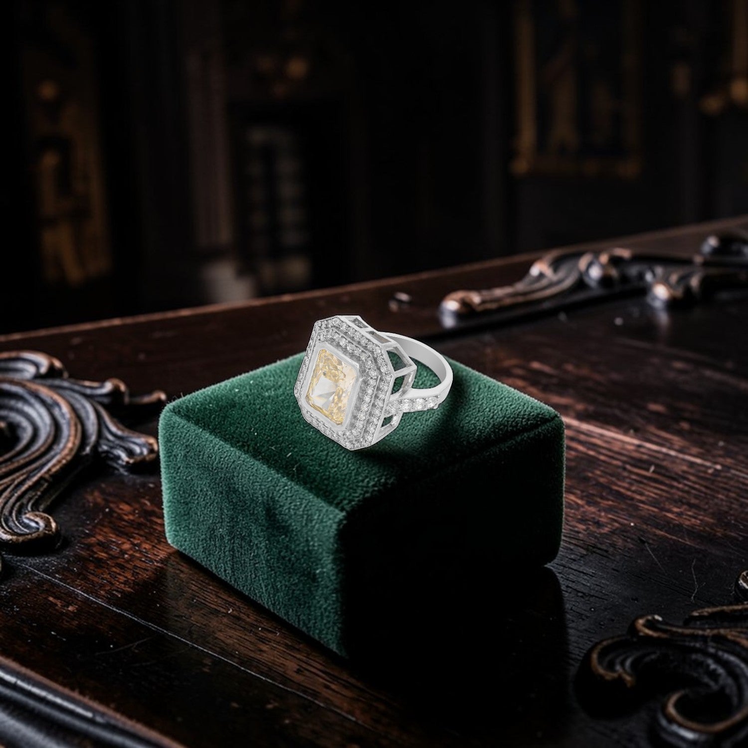 Elegant Sterling Silver Octagonal Halo Ring with Champagne Cubic Zirconia & CZ Accents | SKU: 0005748129, 0005748136