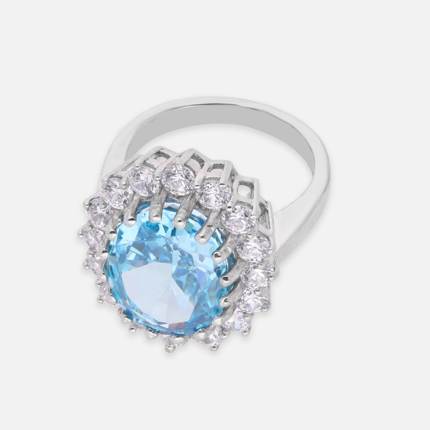 Sterling Silver Blue Oval Cubic Zirconia Halo Statement Ring | SKU: 0005748204, 0005750757