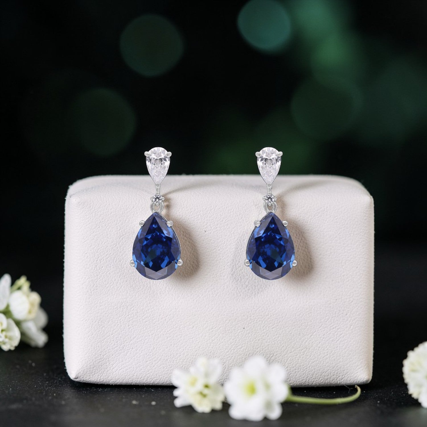 Sterling Silver Blue Teardrop Cubic Zirconia Drop Earrings | SKU: 0005749720