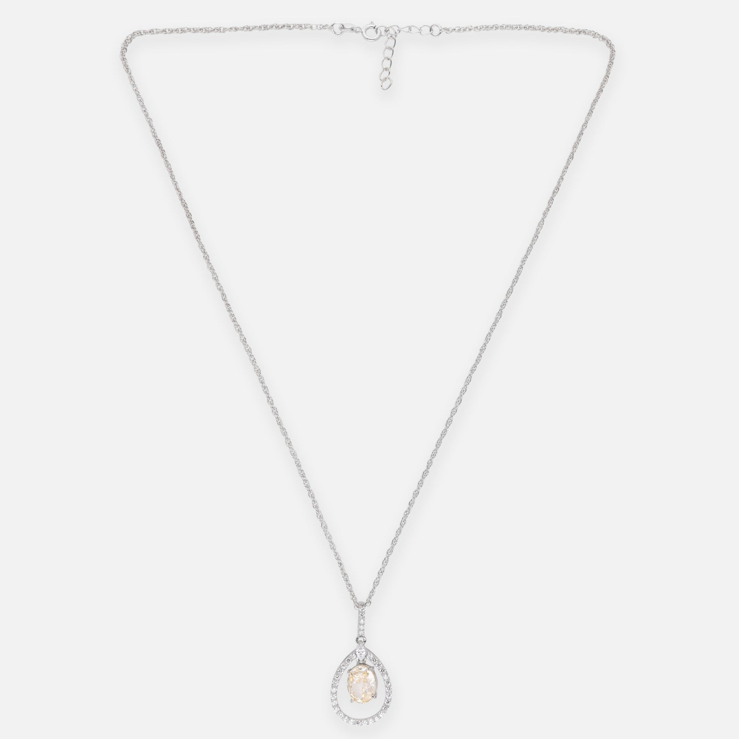 Sterling Silver Champagne CZ Teardrop Halo Pendant with Chain | SKU: 0005749768, 0005749829, 0005757152