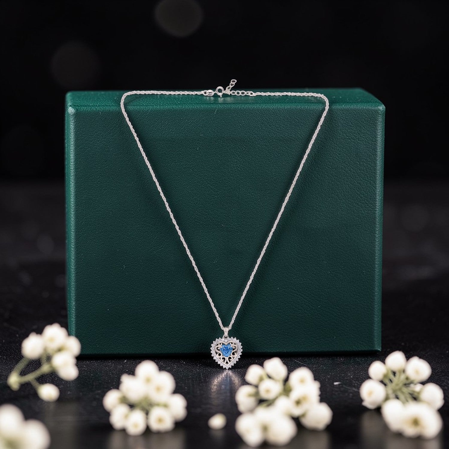 Sterling Silver Deep Blue CZ Heart Filigree Pendant with Chain | SKU: 0005749928, 0022628305