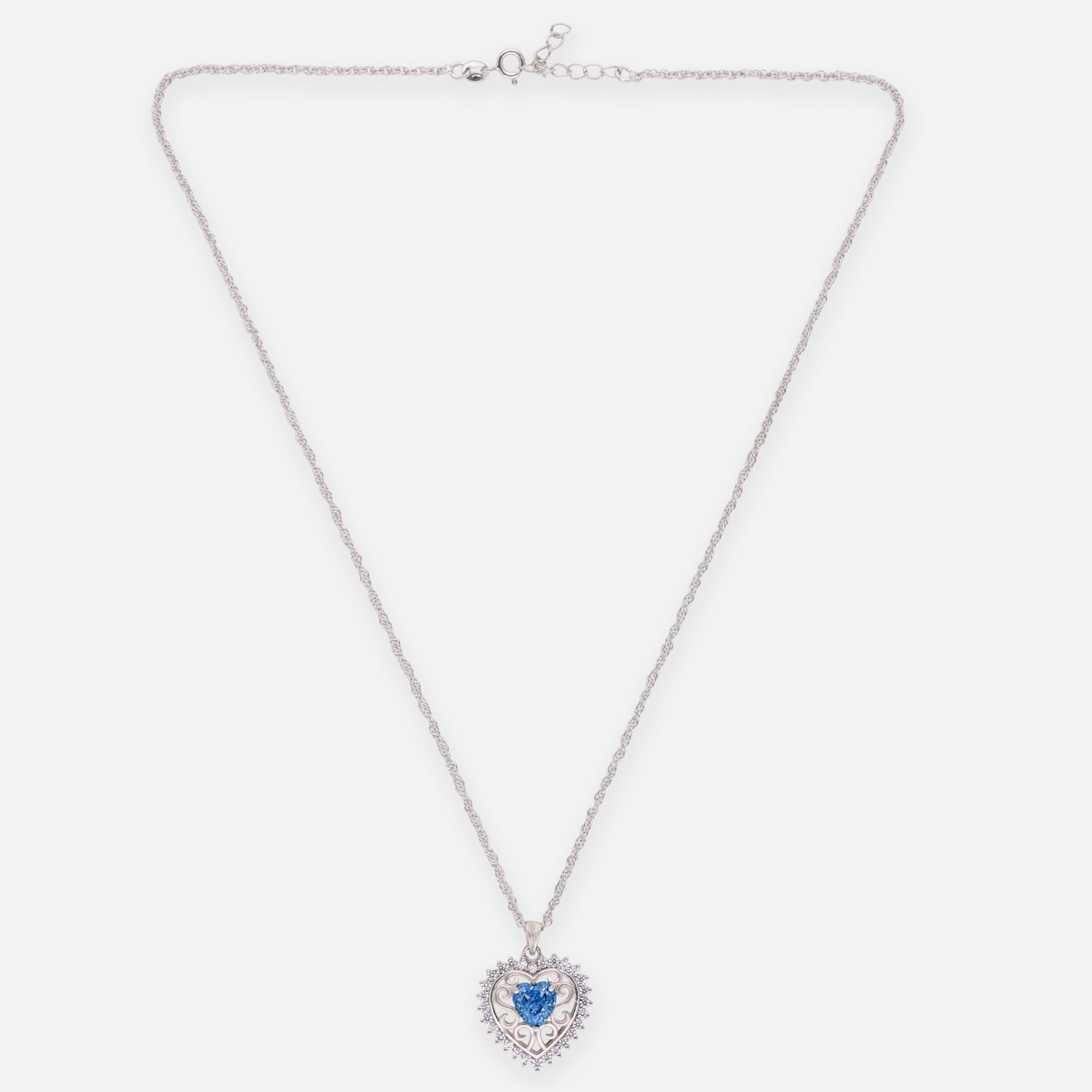 Sterling Silver Deep Blue CZ Heart Filigree Pendant with Chain | SKU: 0005749928, 0022628305