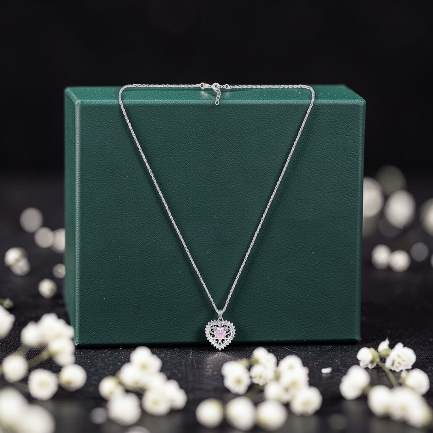 Sterling Silver Pink CZ Heart Filigree Pendant with Chain | SKU: 0005749935, 0005757251