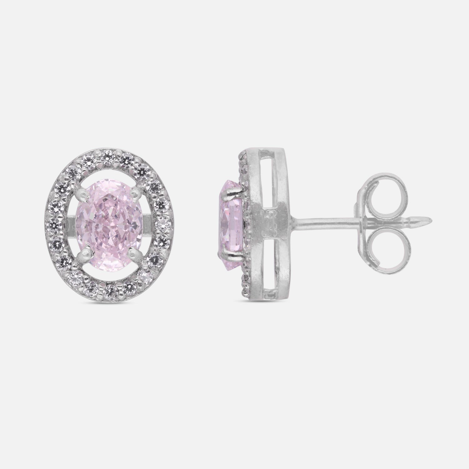 Pink Oval Halo Cubic Zirconia Stud Earrings in Sterling Silver | SKU: 0005750122