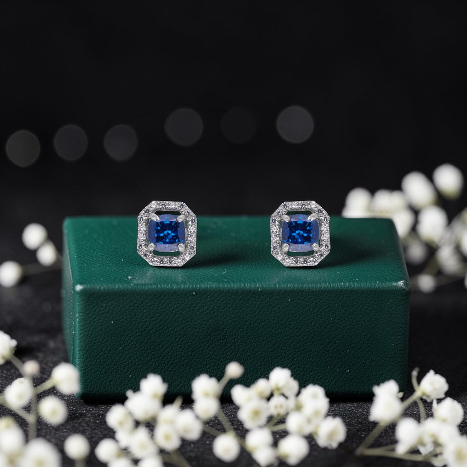 Sterling Silver Blue Cushion-Cut Cubic Zirconia Halo Stud Earrings | SKU: 0005750139