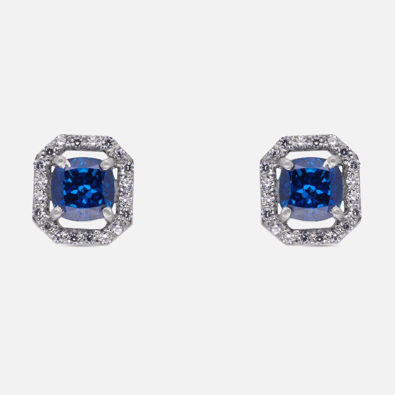 Sterling Silver Blue Cushion-Cut Cubic Zirconia Halo Stud Earrings | SKU: 0005750139