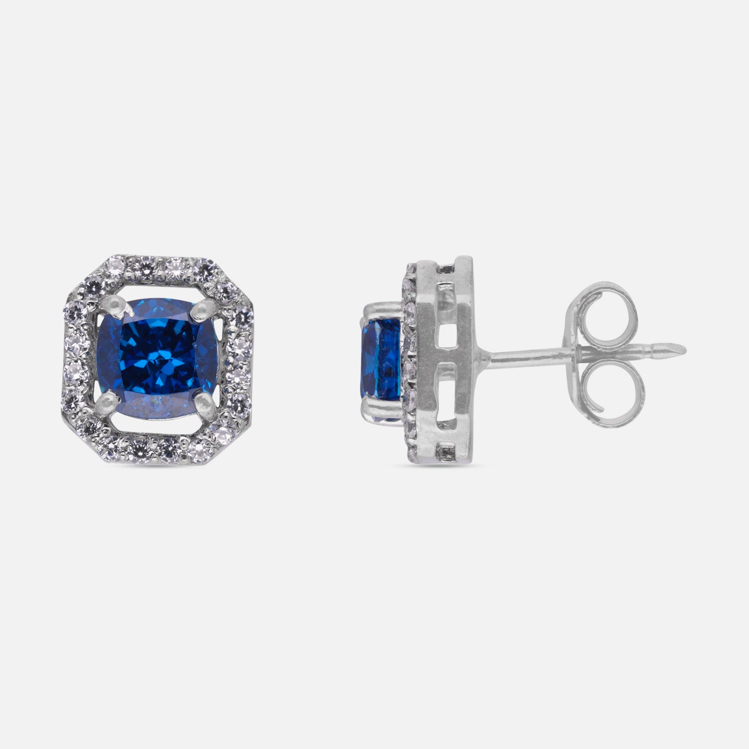 Sterling Silver Blue Cushion-Cut Cubic Zirconia Halo Stud Earrings | SKU: 0005750139
