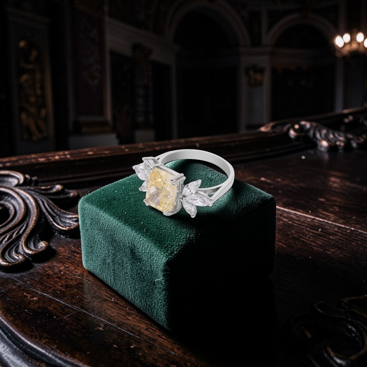 Elegant Sterling Silver Rectangular Yellow Cubic Zirconia Ring with Marquise CZ Accents | SKU: 0005757954, 0005750580, 0005750573