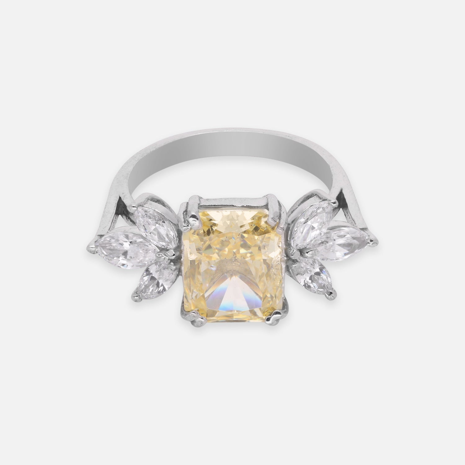 Elegant Sterling Silver Rectangular Yellow Cubic Zirconia Ring with Marquise CZ Accents | SKU: 0005757954, 0005750580, 0005750573