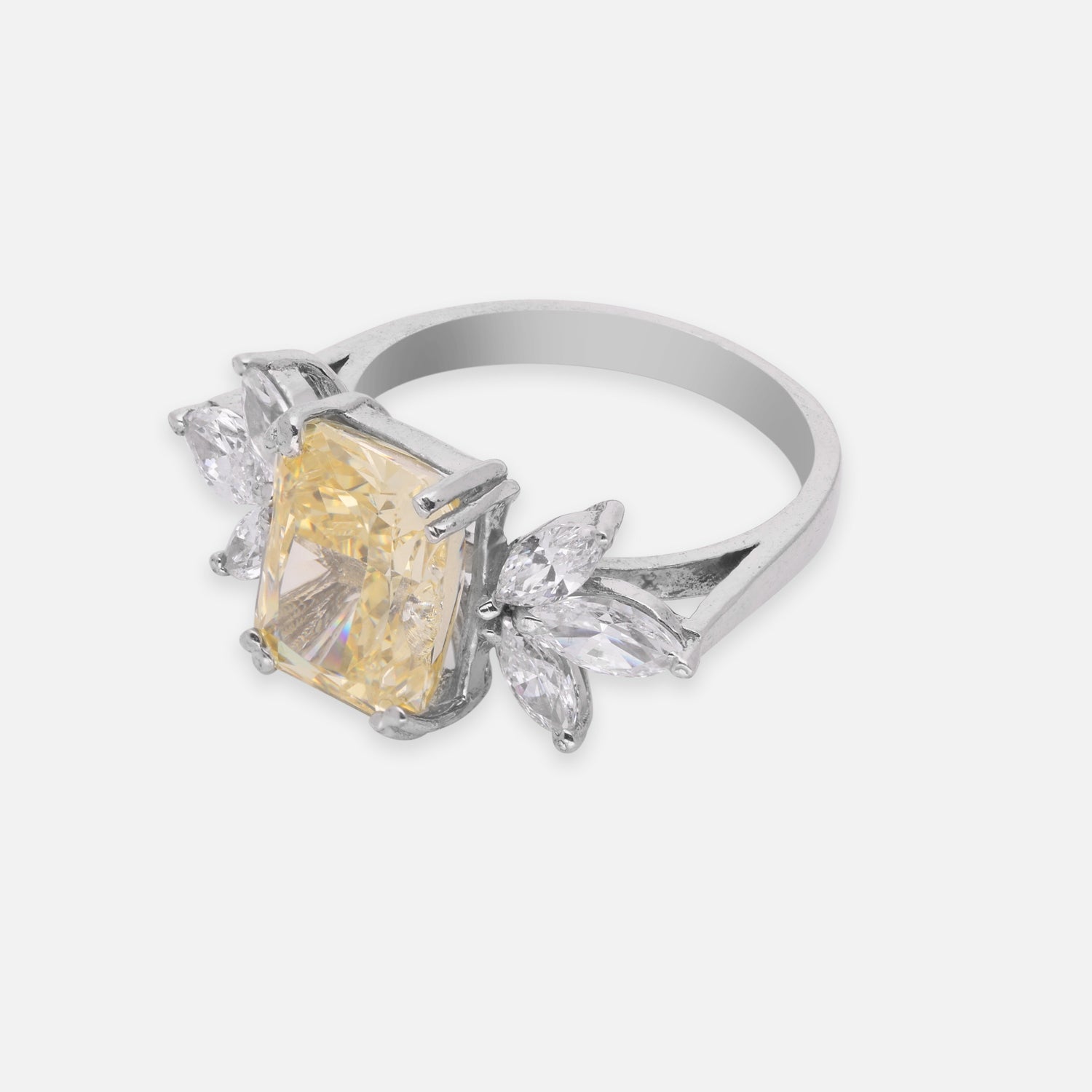 Elegant Sterling Silver Rectangular Yellow Cubic Zirconia Ring with Marquise CZ Accents | SKU: 0005757954, 0005750580, 0005750573