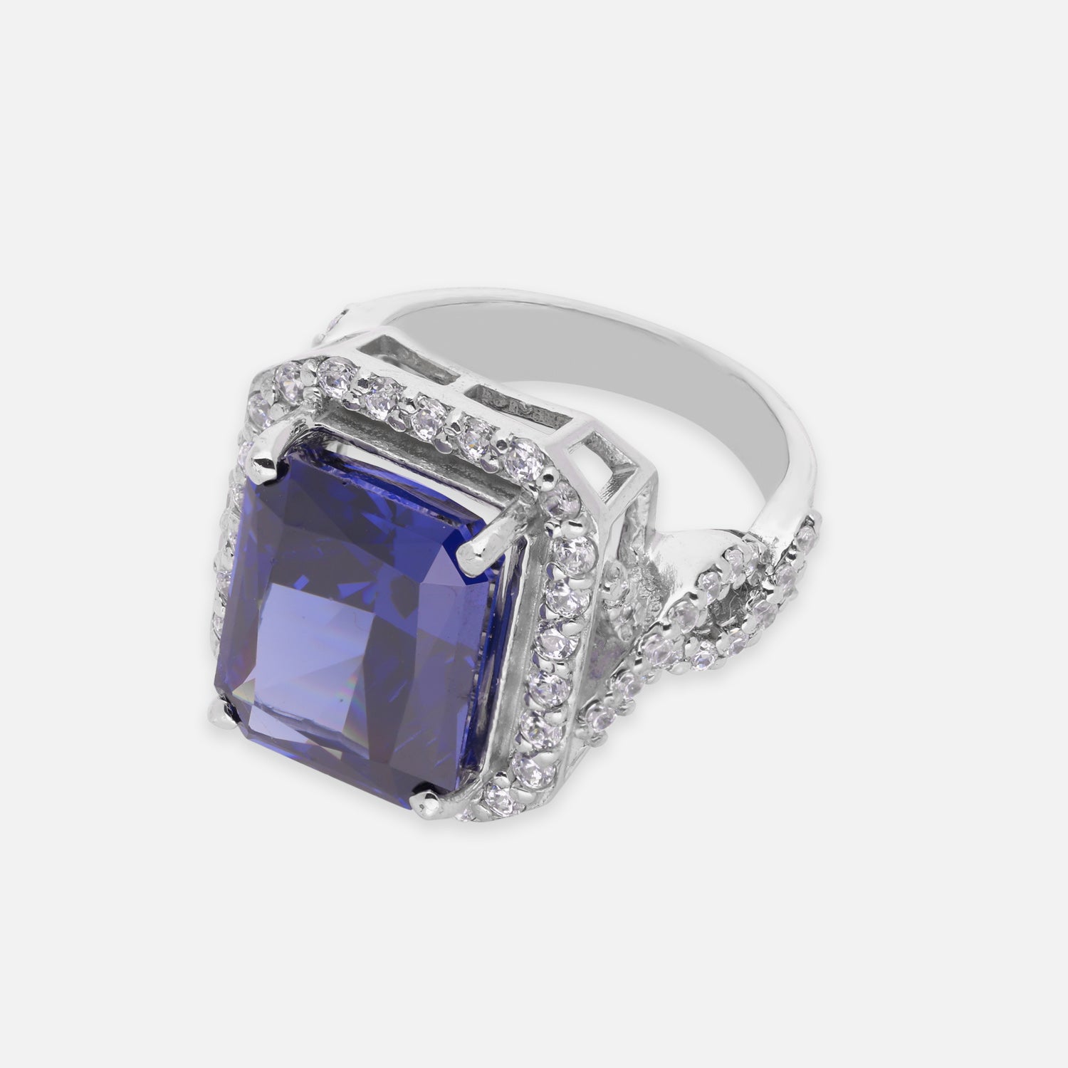 Sterling Silver Blue Cushion Cut Cubic Zirconia Halo Statement Ring | SKU: 0005750733, 0005758111, 0022629081