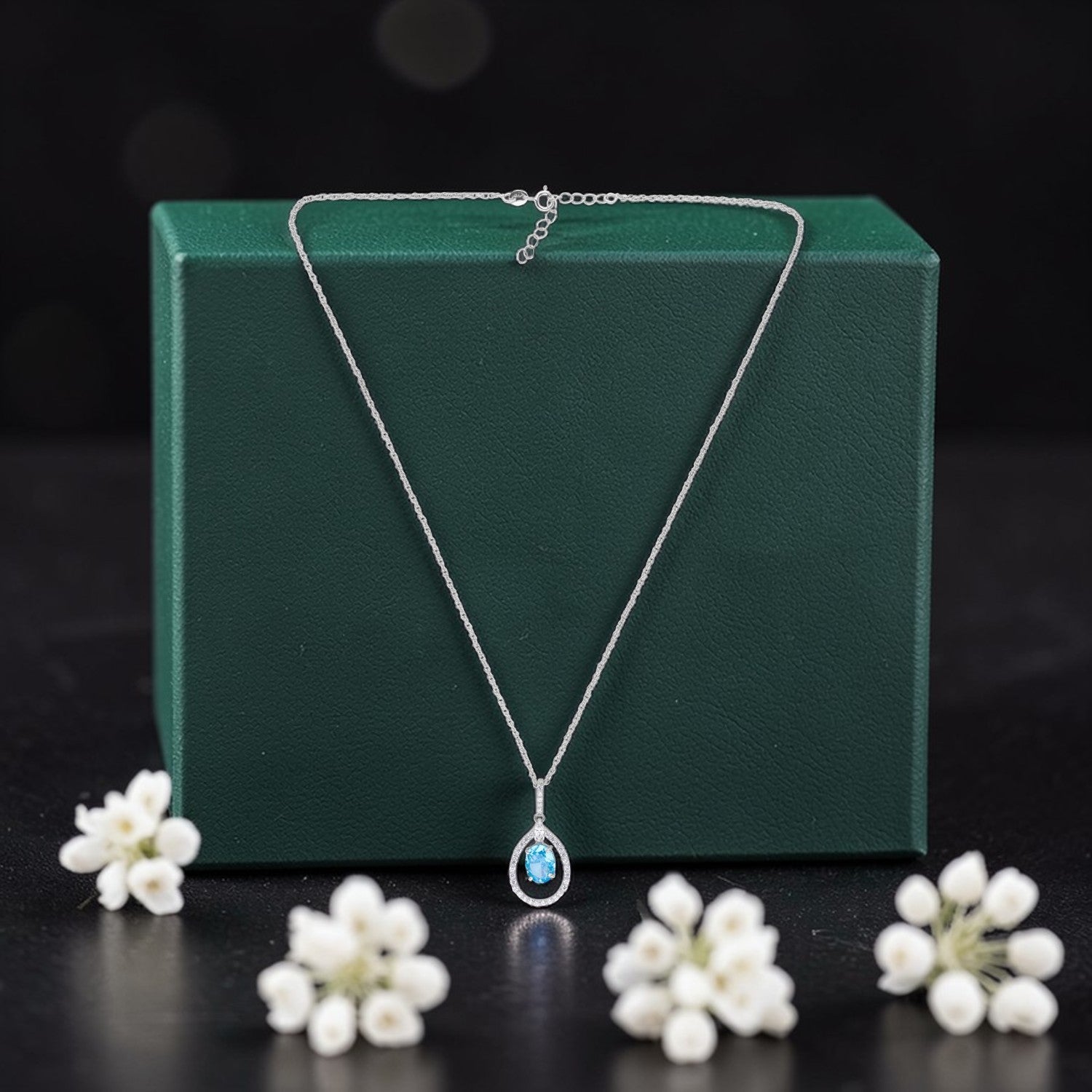 Sterling Silver Sky Blue CZ Teardrop Halo Pendant with Chain | SKU: 0005757114, 0022628190, 0005749782