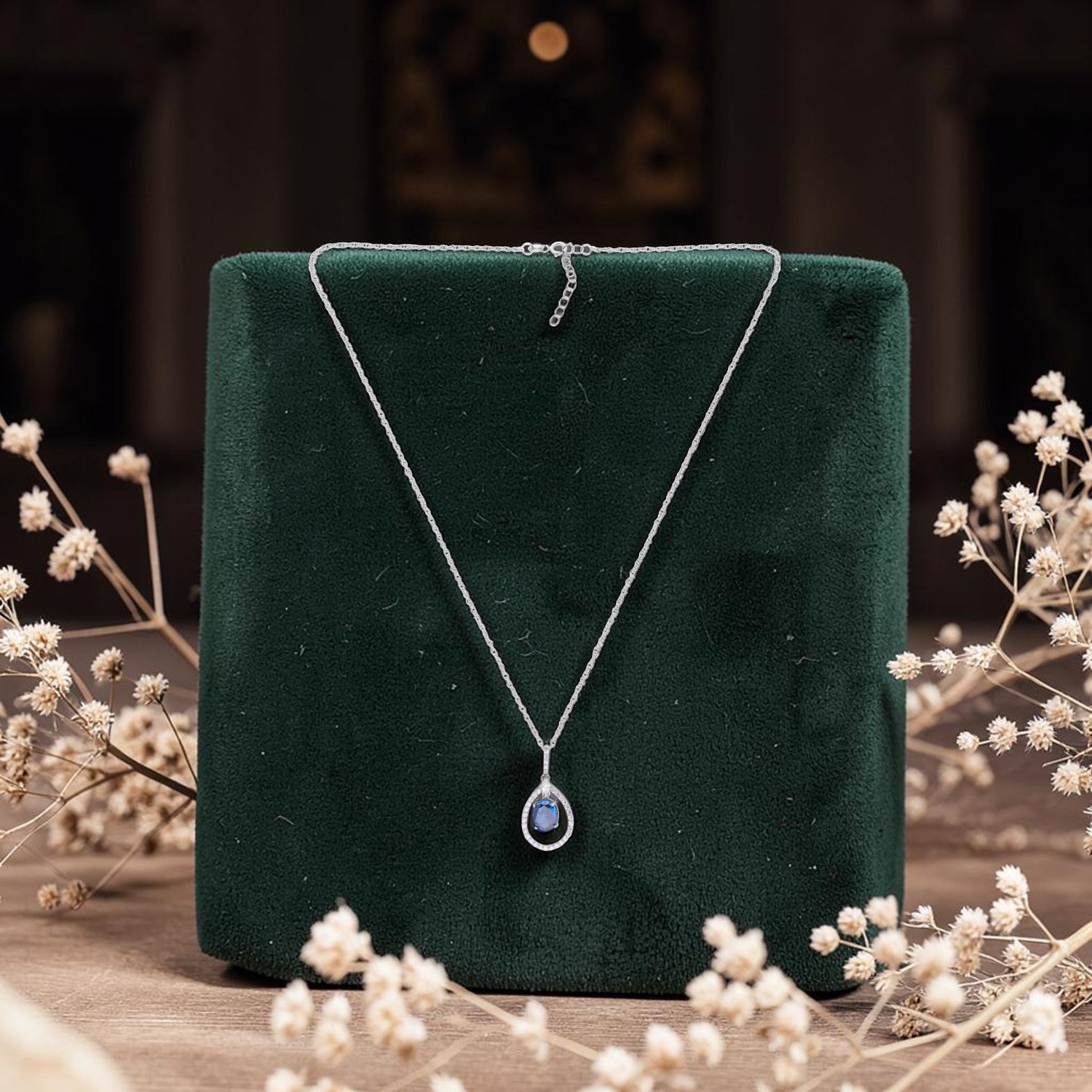 Sterling Silver Green CZ Teardrop Halo Pendant with Chain | SKU: 0005757145, 0005749744, 0005749805