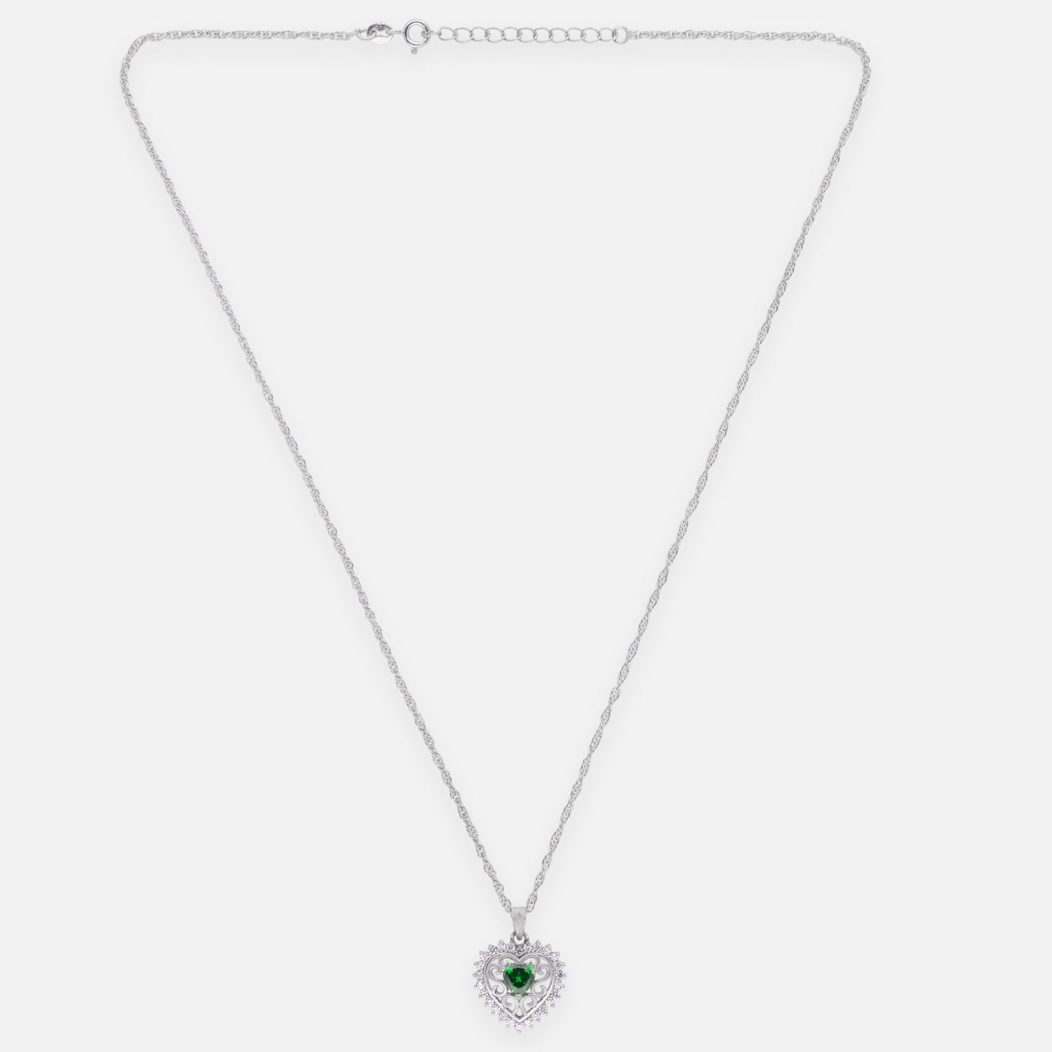 Sterling Silver Green CZ Heart Filigree Pendant with Chain | SKU: 0005757190, 0022628275, 0005749881, 0005749874