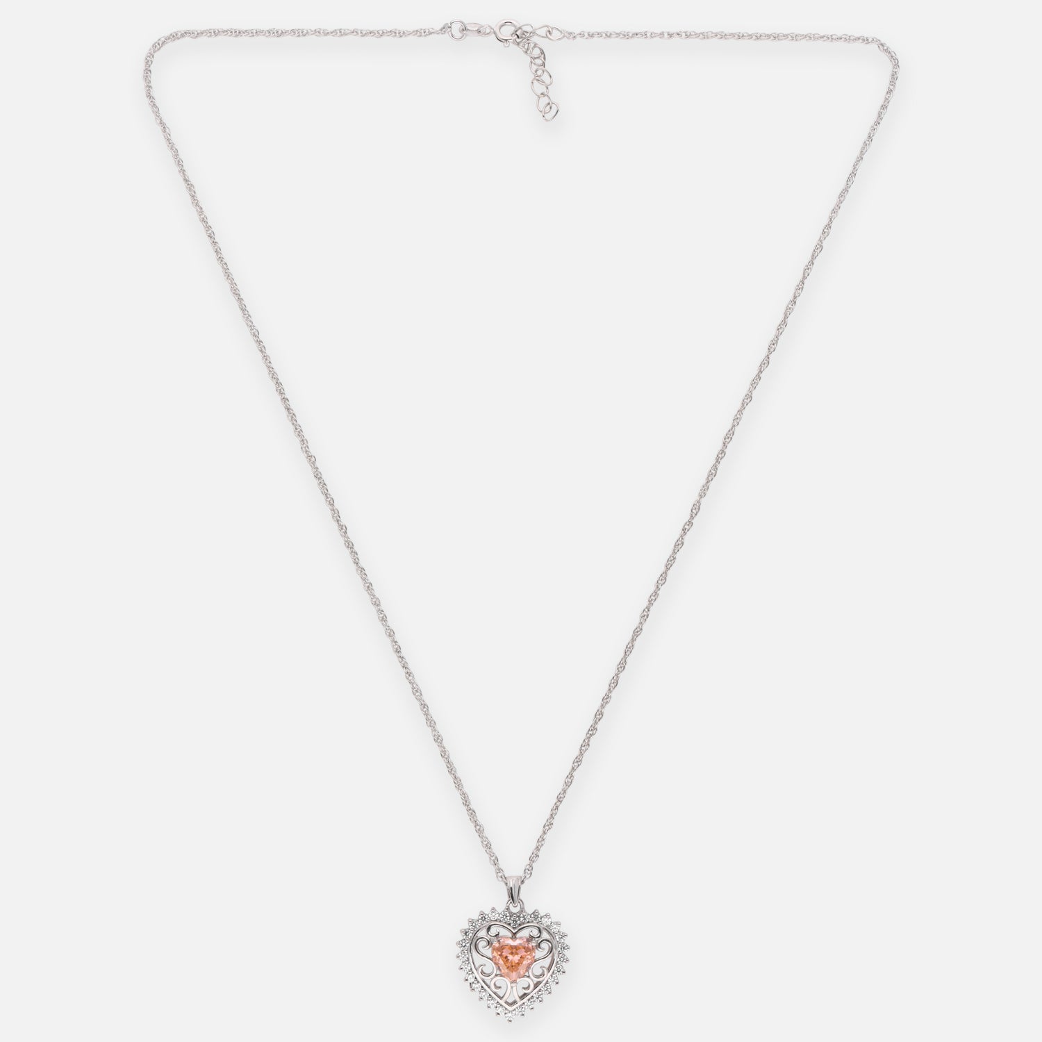 Sterling Silver Peach CZ Heart Filigree Pendant with Chain | SKU: 0005757237, 0005757275