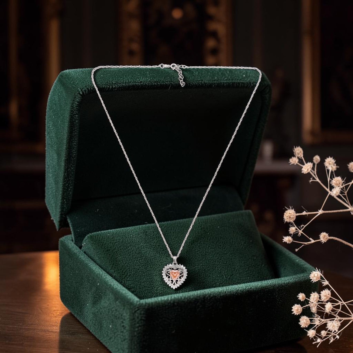Sterling Silver Peach CZ Heart Filigree Pendant with Chain | SKU: 0005757237, 0005757275