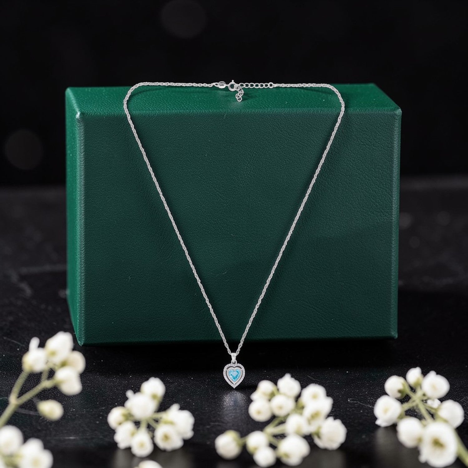 Sterling Silver Sky Blue CZ Double Halo Heart Pendant with Chain | SKU: 0005757374, 0005750016, 0022628411, 0005757473