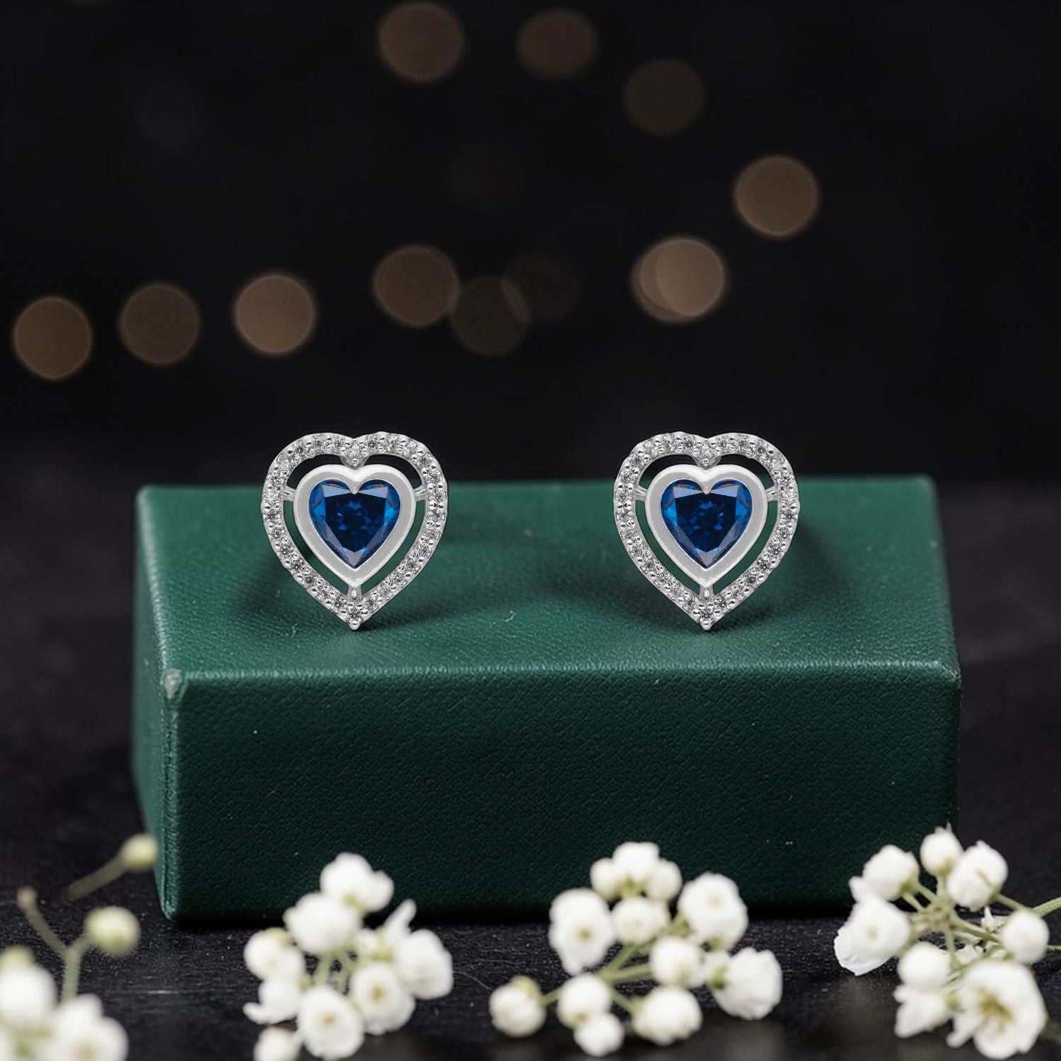 Sterling Silver Blue Heart Cubic Zirconia Halo Stud Earrings | SKU: 0005757404, 0005757428, 0022628367, 0005750047