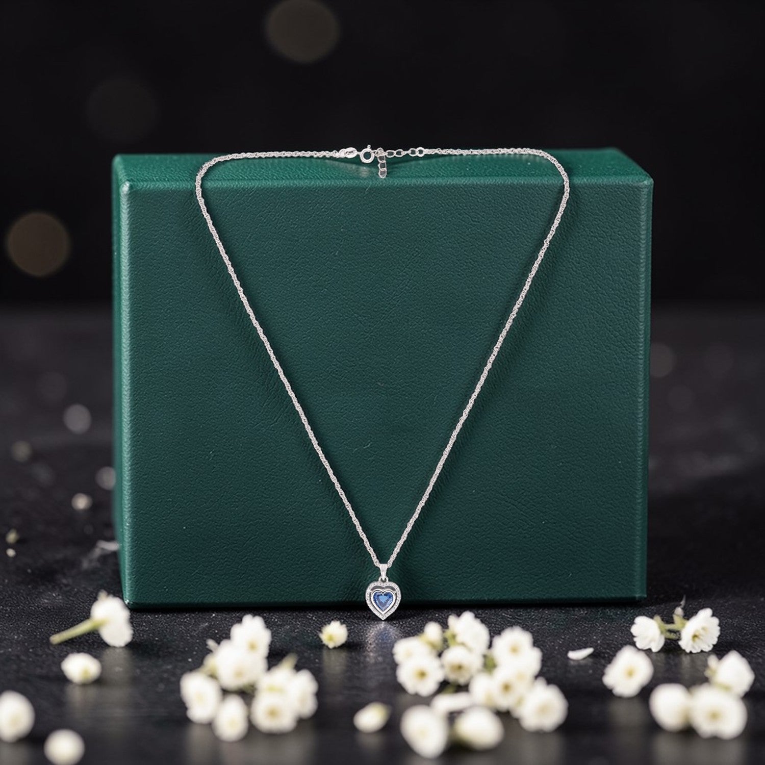 Sterling Silver Blue CZ Double Halo Heart Pendant with Chain | SKU: 0005757411, 0005757398, 0022628350