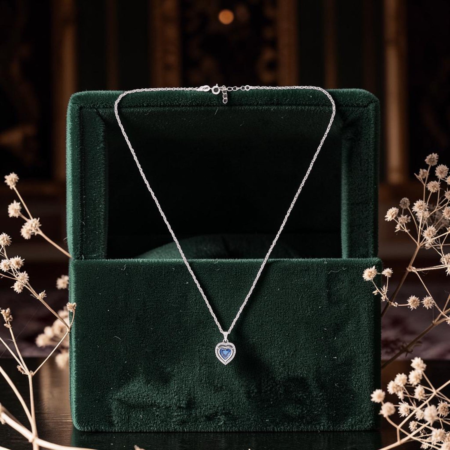 Sterling Silver Blue CZ Double Halo Heart Pendant with Chain | SKU: 0005757411, 0005757398, 0022628350