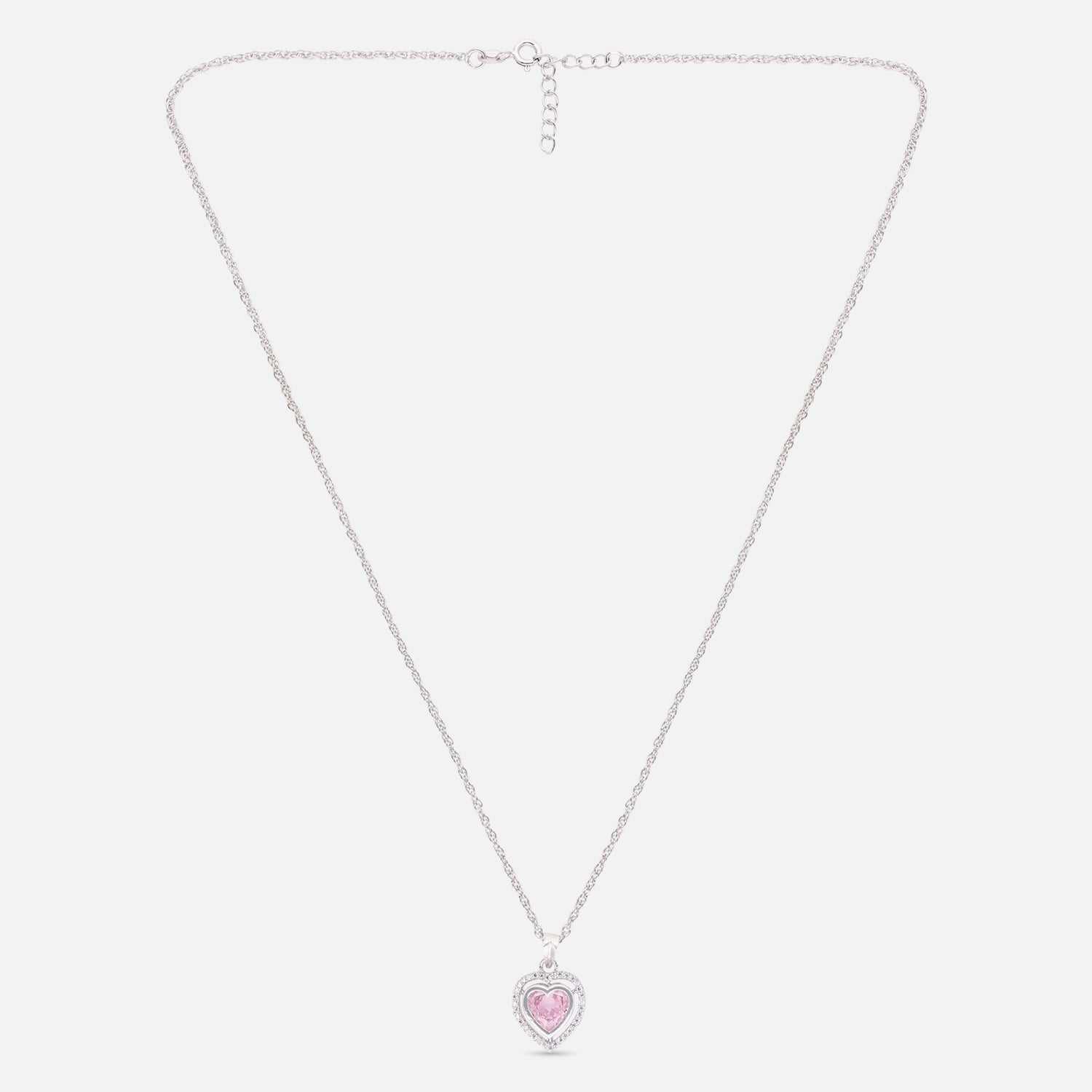 Sterling Silver Pink CZ Double Halo Heart Pendant with Chain | SKU: 0005757459, 0022628374, 0005749997