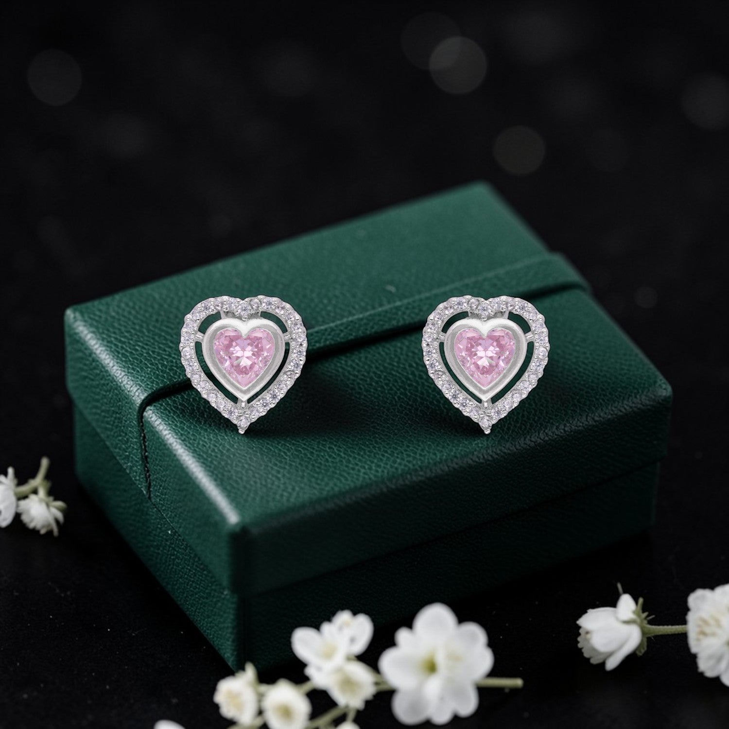 Sterling Silver Pink Heart Cubic Zirconia Halo Stud Earrings | SKU: 0005757466, 0022628381, 0005750009