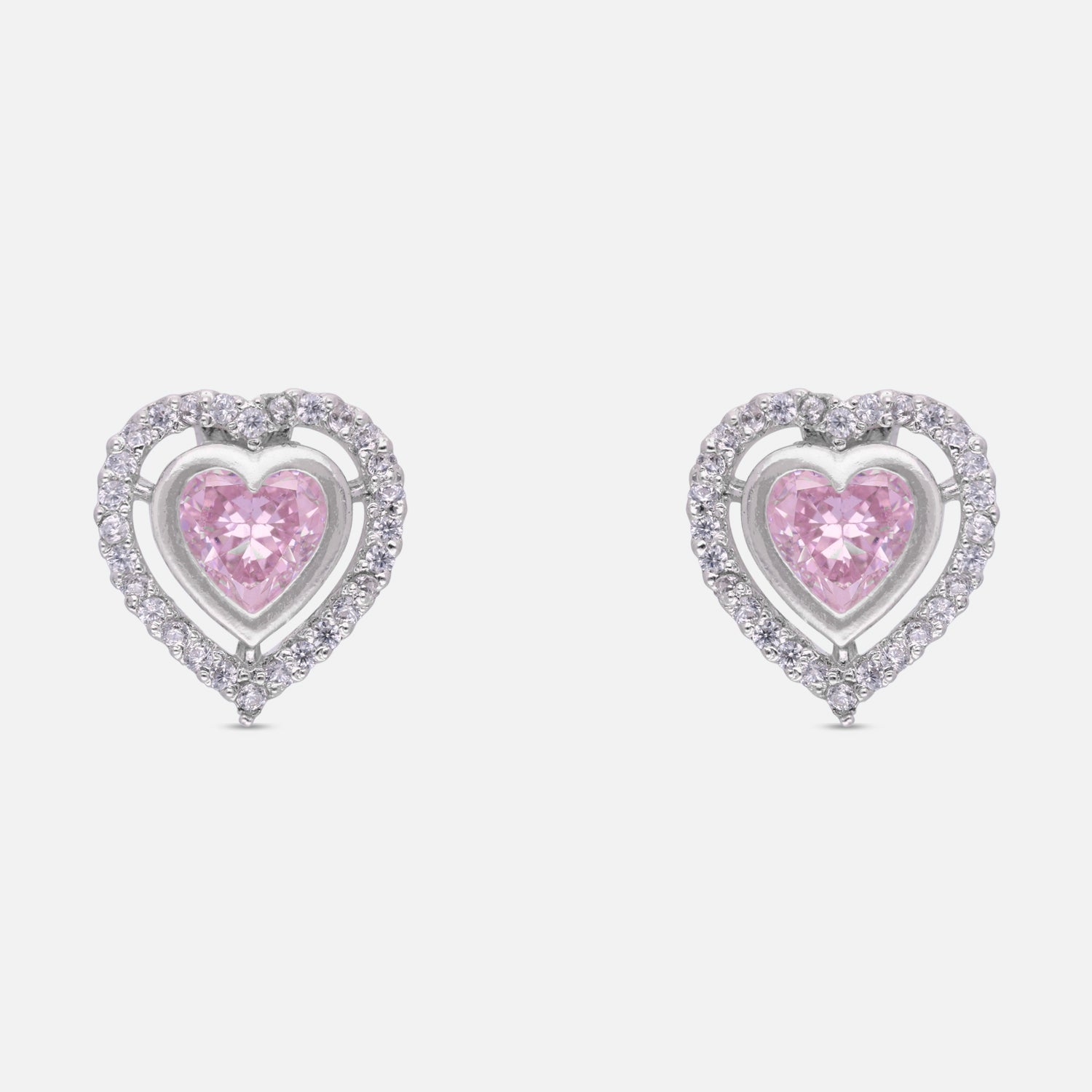 Sterling Silver Pink Heart Cubic Zirconia Halo Stud Earrings | SKU: 0005757466, 0022628381, 0005750009