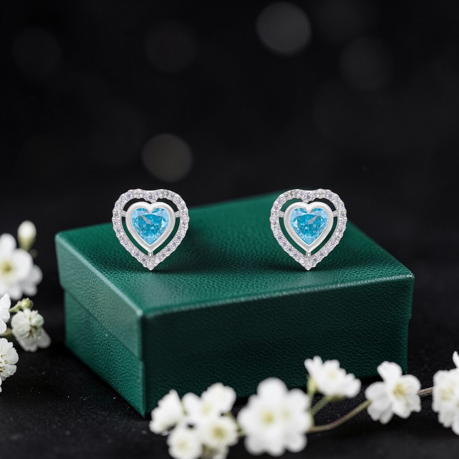 Sterling Silver Sky Blue Heart Cubic Zirconia Halo Stud Earrings | SKU: 0005757480, 0005757381, 0022628428, 0005750023