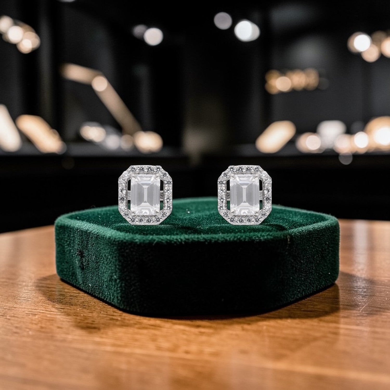 Emerald Cut Halo Cubic Zirconia Stud Earrings in Sterling Silver | SKU: 0005757541, 0022628541, 0005750092