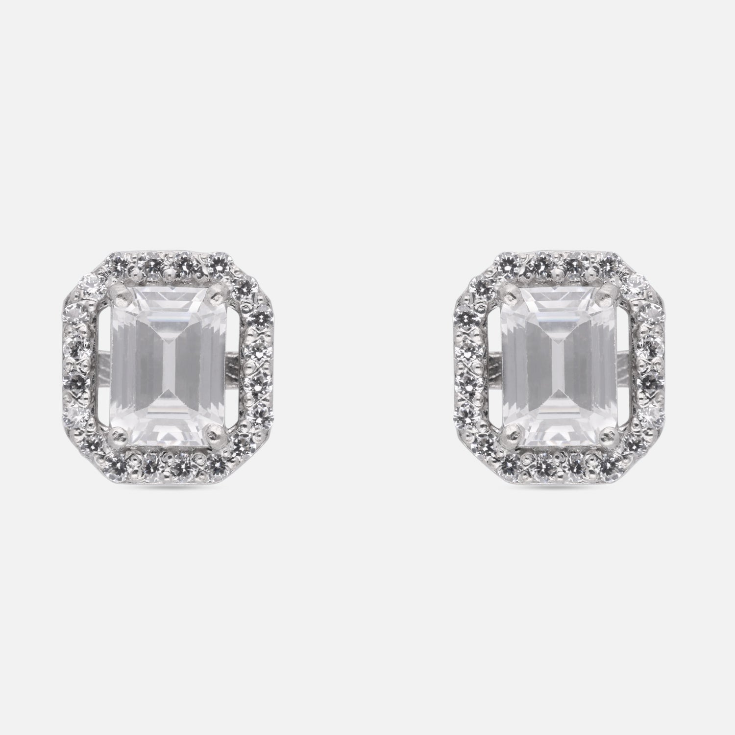 Emerald Cut Halo Cubic Zirconia Stud Earrings in Sterling Silver | SKU: 0005757541, 0022628541, 0005750092