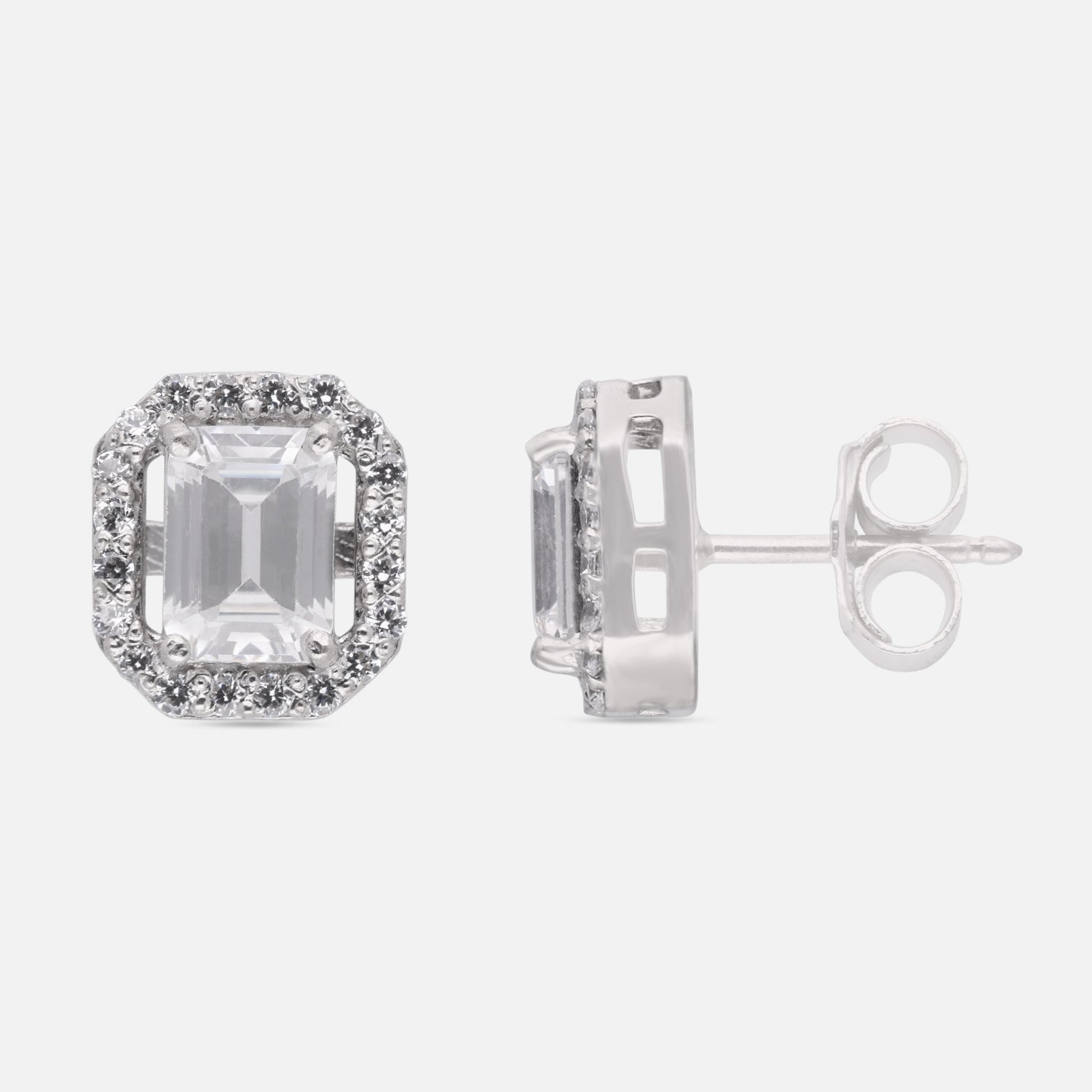 Emerald Cut Halo Cubic Zirconia Stud Earrings in Sterling Silver | SKU: 0005757541, 0022628541, 0005750092