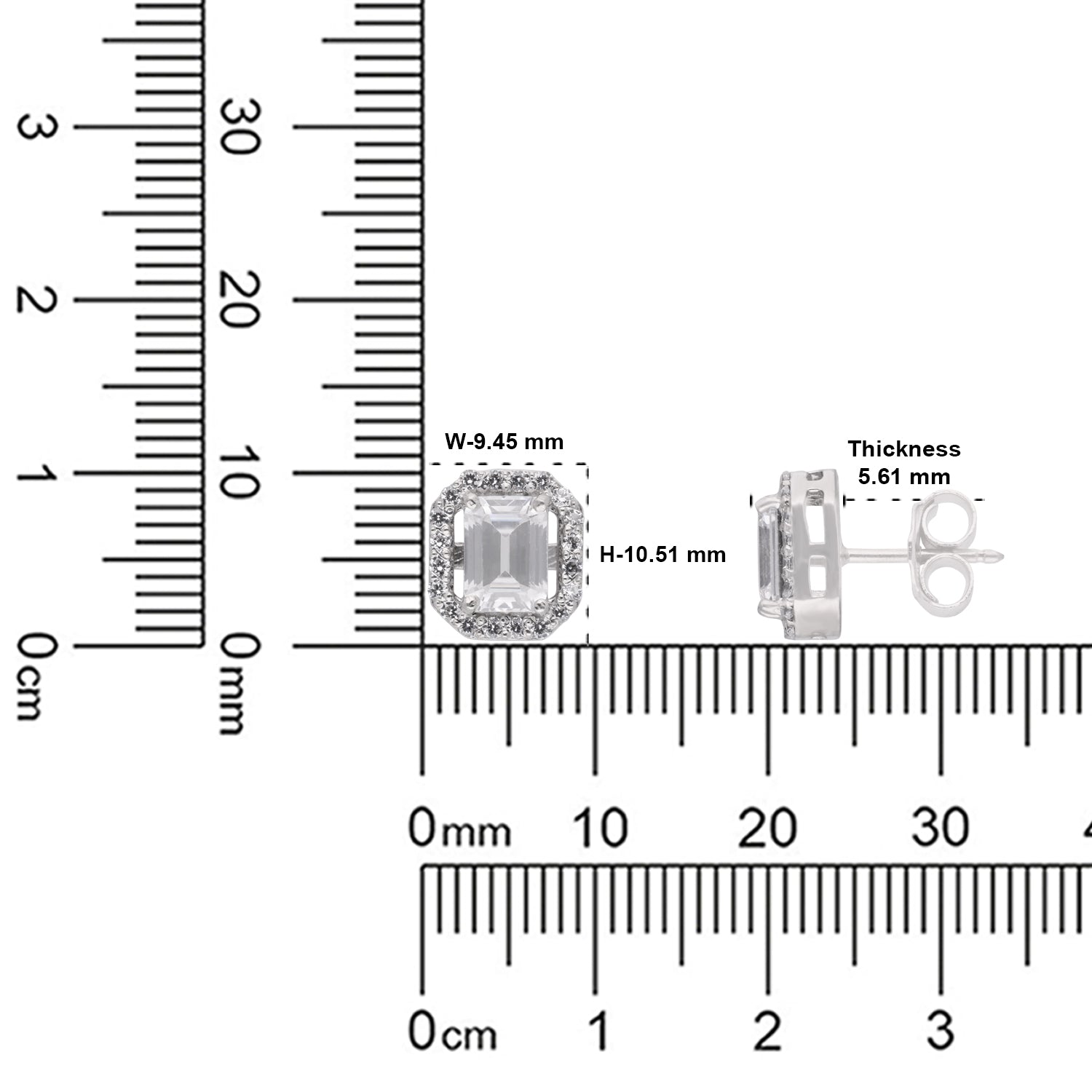 Emerald Cut Halo Cubic Zirconia Stud Earrings in Sterling Silver | SKU: 0005757541, 0022628541, 0005750092