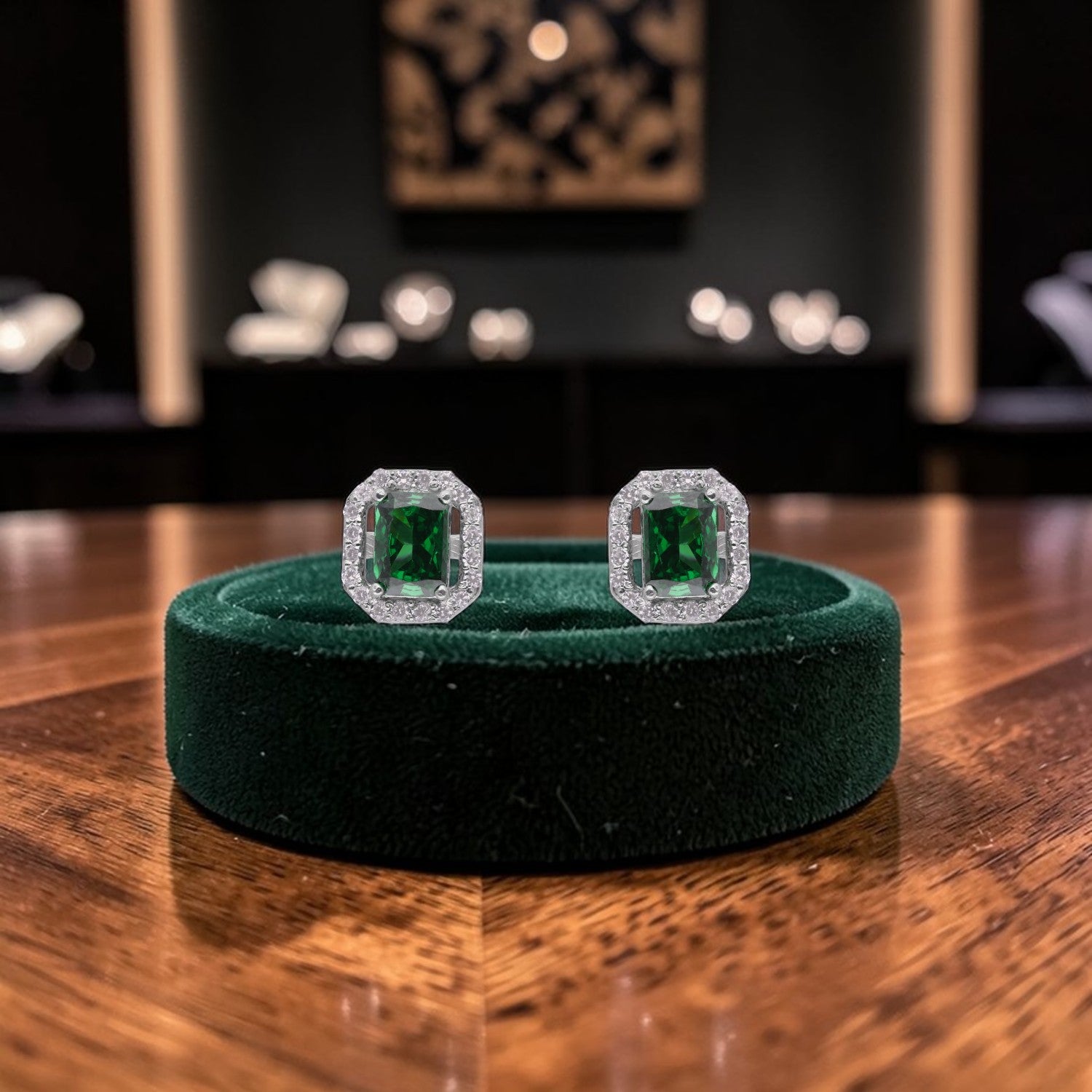 Sterling Silver Emerald Green Cushion Cut Halo Stud Earrings | SKU: 0005757558