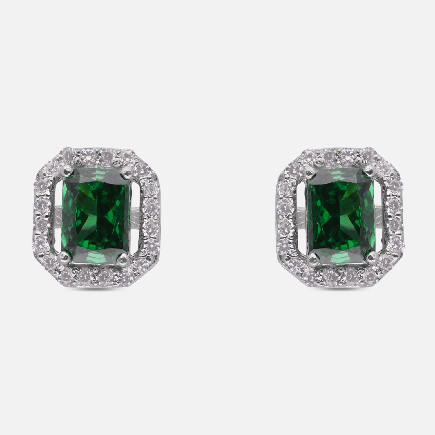 Sterling Silver Emerald Green Cushion Cut Halo Stud Earrings | SKU: 0005757558