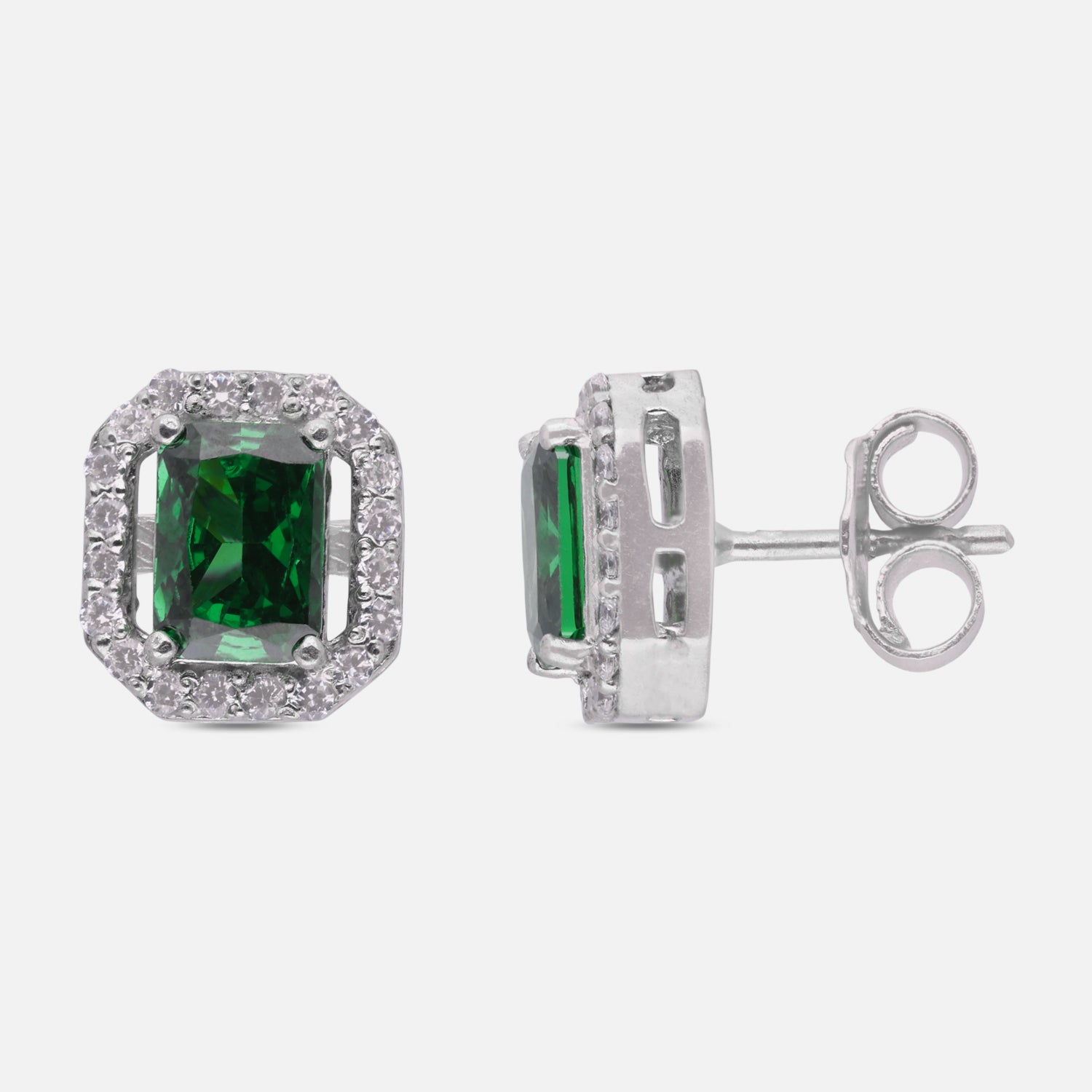Sterling Silver Emerald Green Cushion Cut Halo Stud Earrings | SKU: 0005757558